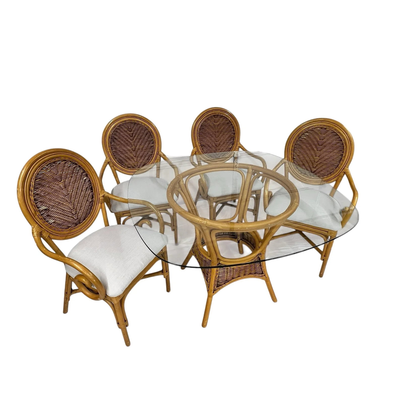 Rattan Glass Top Dining Table With 4 Balloon Back Chairs, New Sunbrella Fabric - Set of 5 - 2