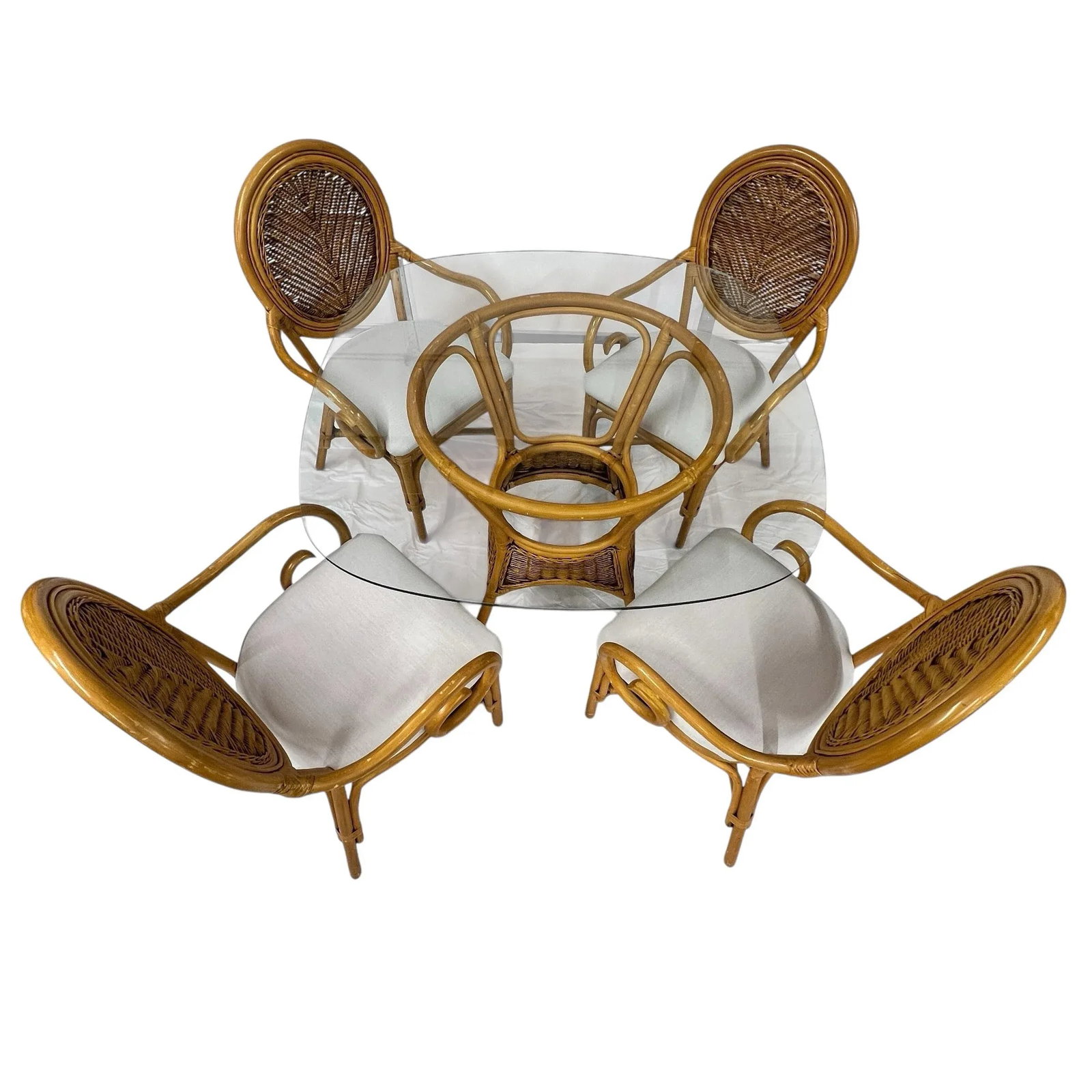 Rattan Glass Top Dining Table With 4 Balloon Back Chairs, New Sunbrella Fabric - Set of 5 - 3