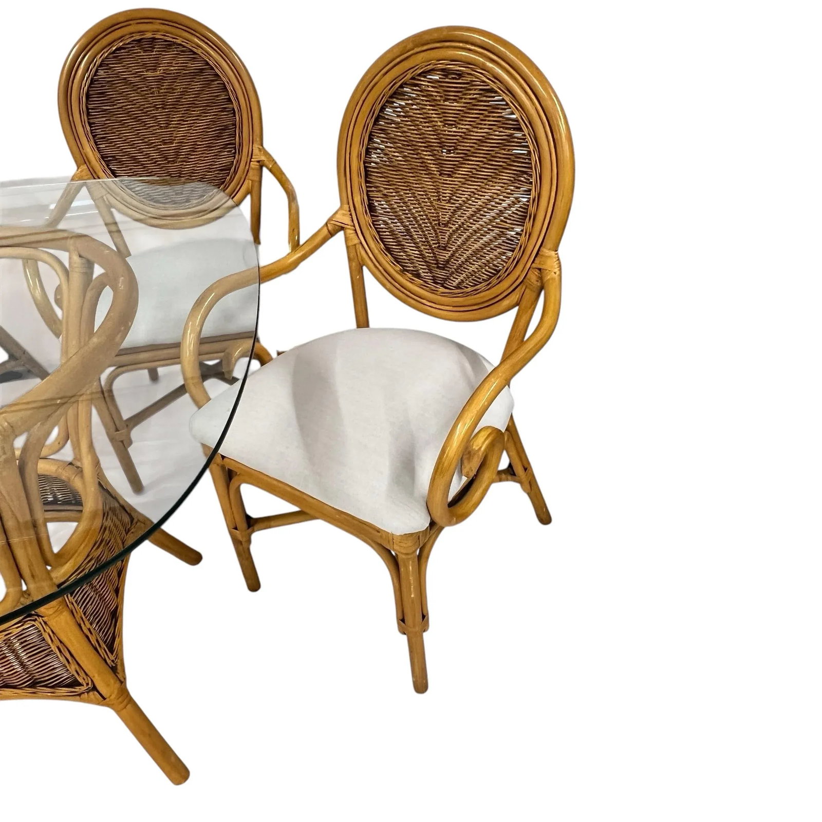Rattan Glass Top Dining Table With 4 Balloon Back Chairs, New Sunbrella Fabric - Set of 5 - 6