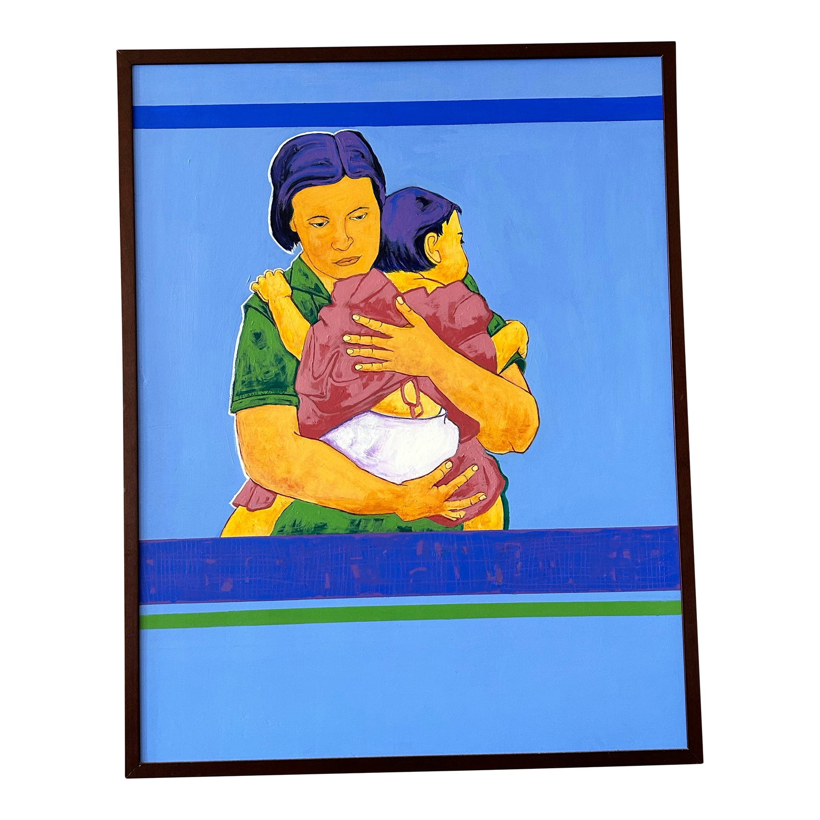 Motherly Love by Marie Straw (1894-1996) Original Acrylic: The acrylic painting titled "Motherly Love" by Marie Straw. A depiction captures a woman embracing a child, rendered in bold, vivid colors that evoke strong emotions. The mother, with short dark hair
