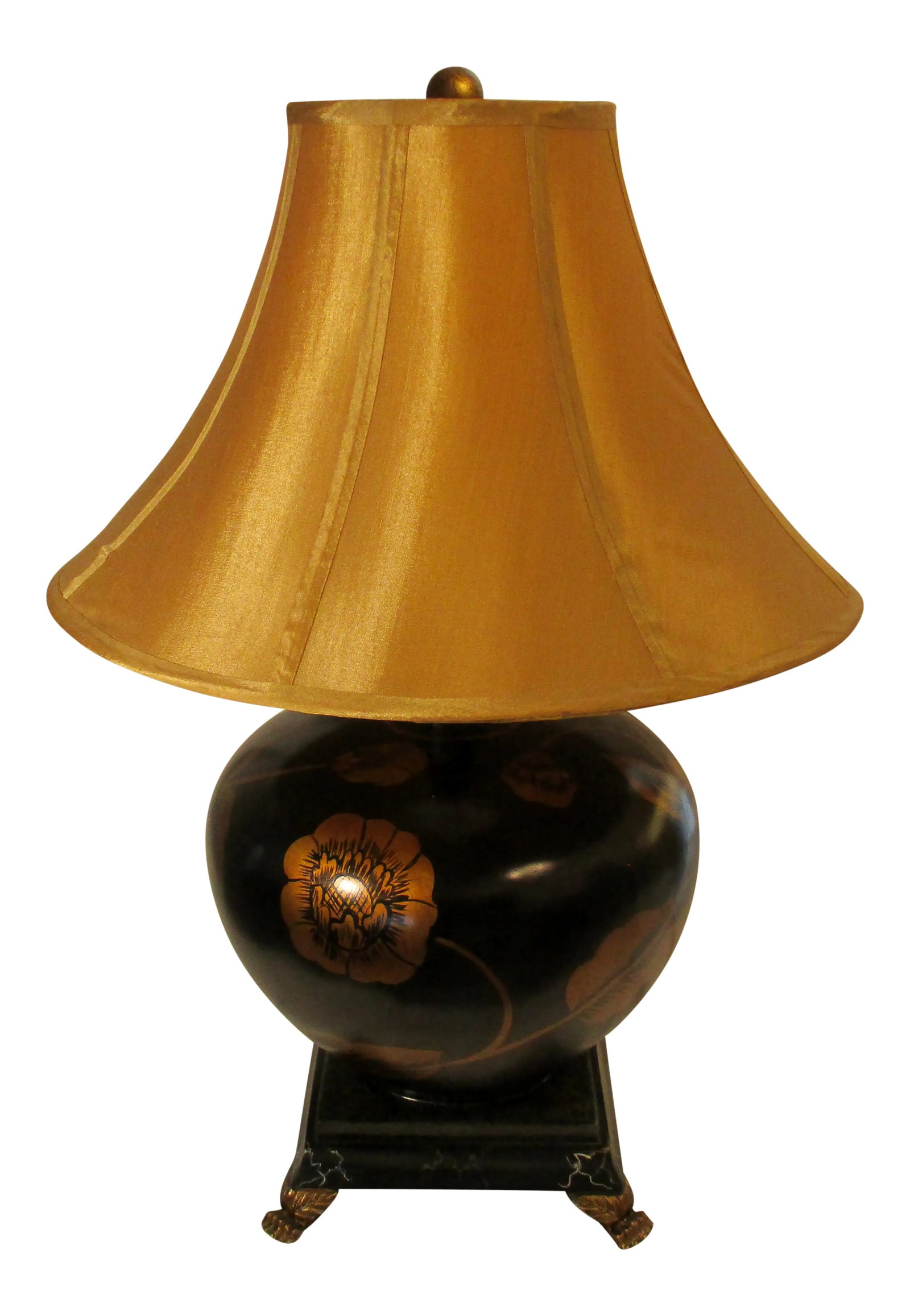 Large Brown With Painted Gold Peonies Orb Accent Lamp and Silk Gold Shade: Large Brown Orb Accent Lamp with Painted Gold Peonies and a 100% Silk Gold Shade It has a square carved marble look base with claw and acanthus leaf feet. The body of the lamp seems made of a wood com