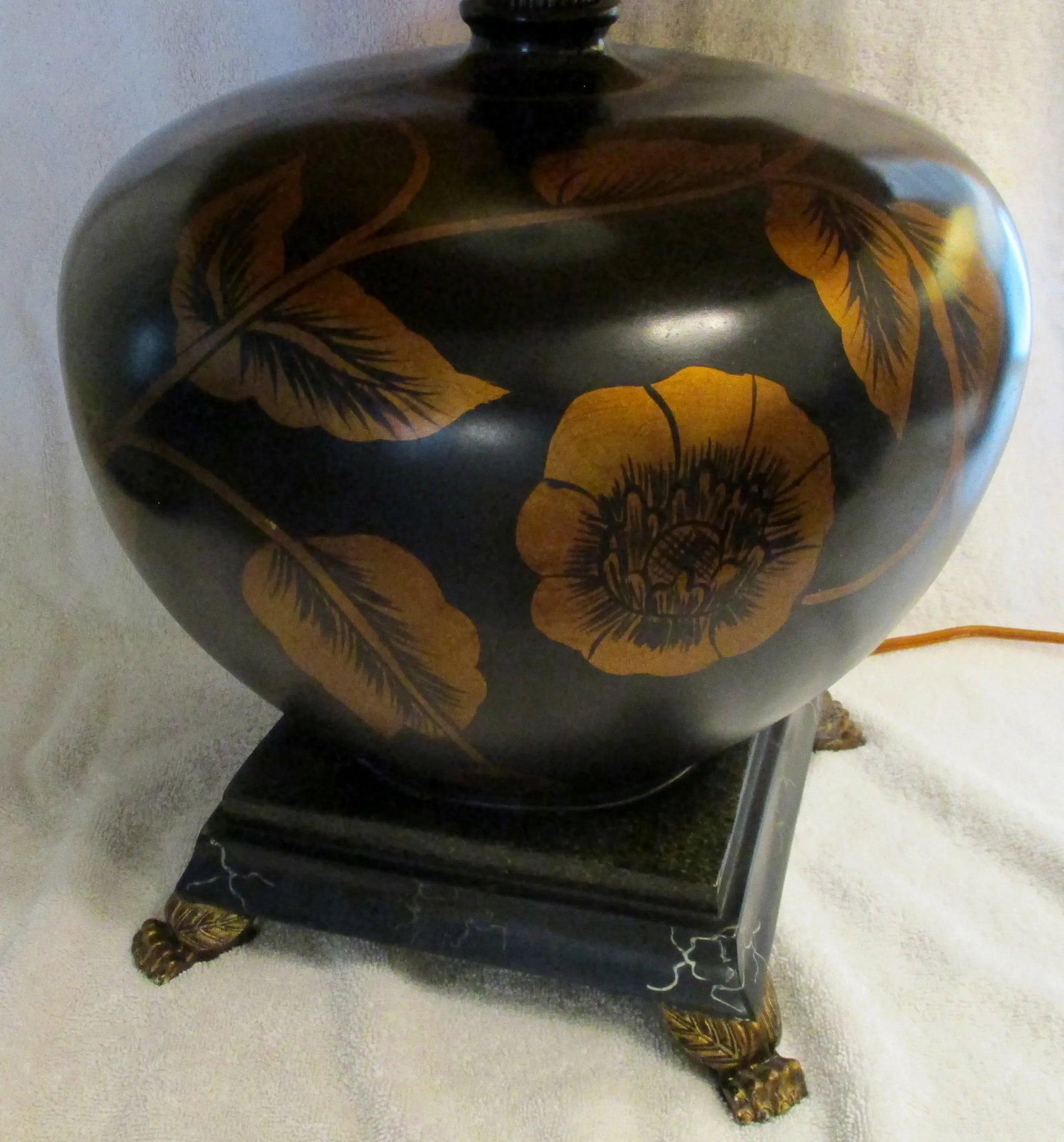 Large Brown With Painted Gold Peonies Orb Accent Lamp and Silk Gold Shade - 4