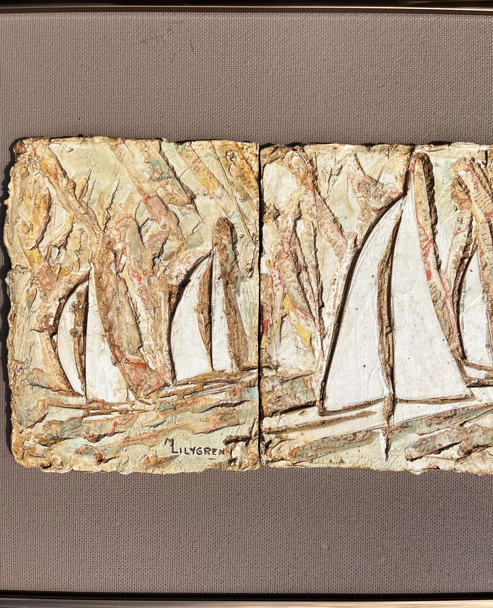 1970s Brutalist Nautical Bas Relief "The Racers" by Marilyn Lilygren – Framed Sailing Regatta - 4