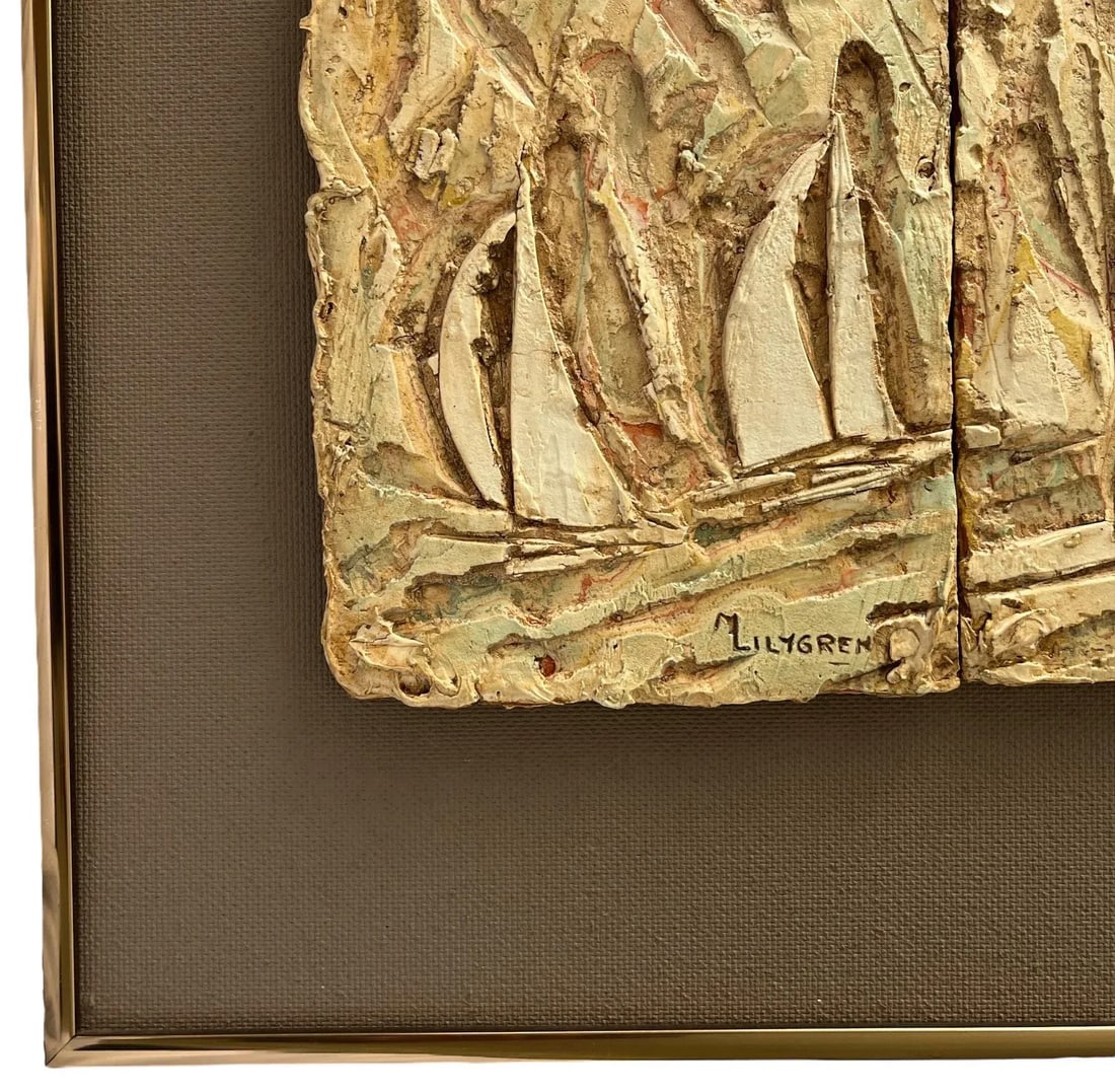 1970s Brutalist Nautical Bas Relief "The Racers" by Marilyn Lilygren – Framed Sailing Regatta - 7