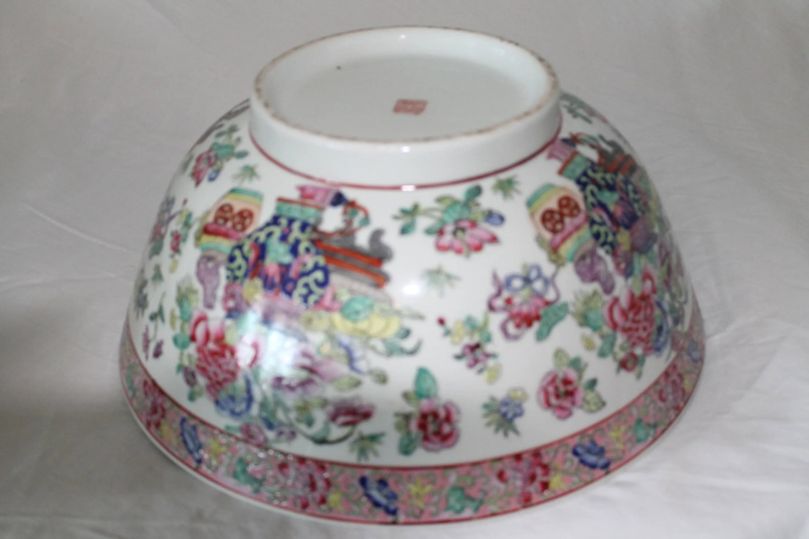 Vintage Chinese Famille Rose Porcelain Bowl, White & Pink Base With Floral Accents and Bottom Markin - 10