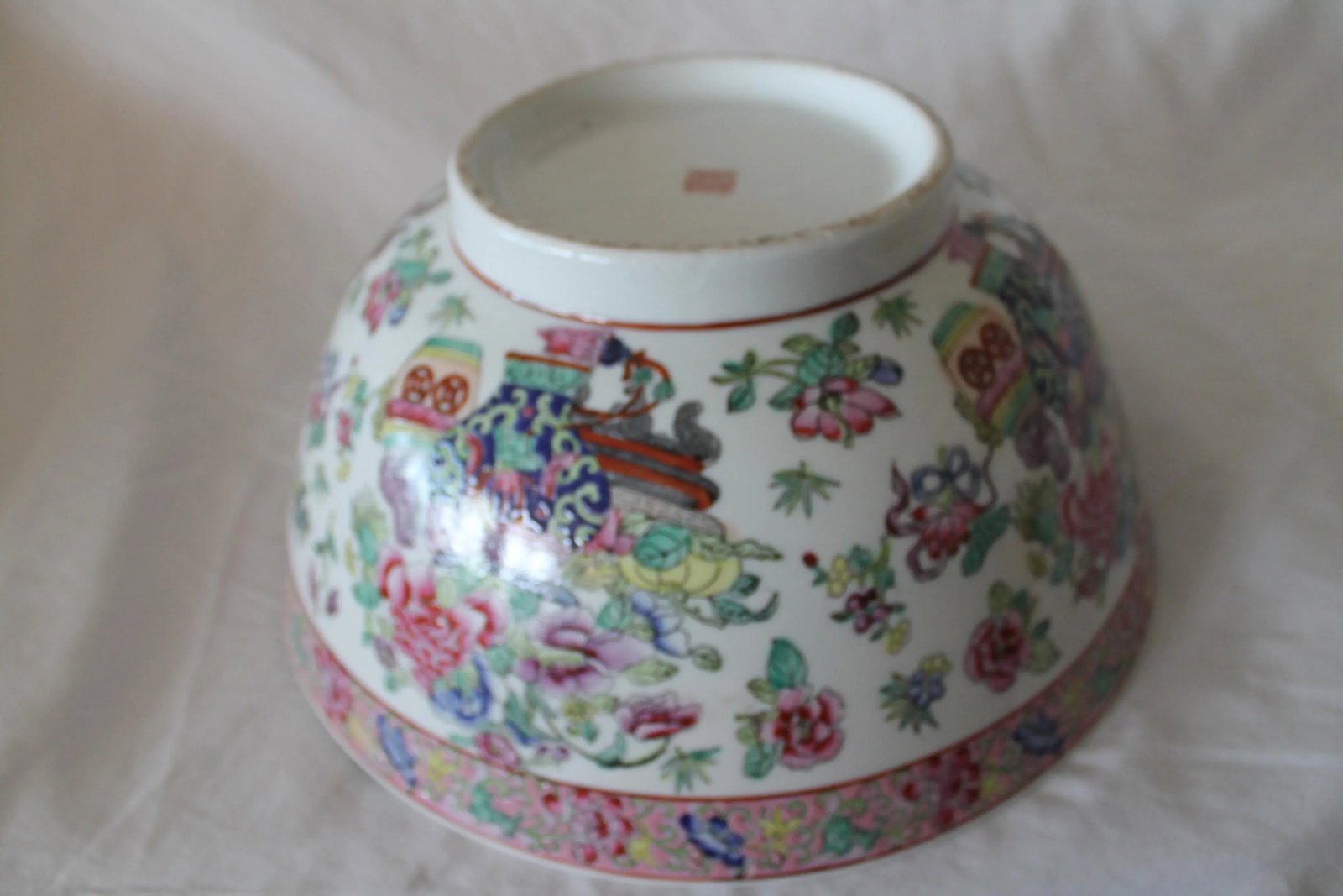Vintage Chinese Famille Rose Porcelain Bowl, White & Pink Base With Floral Accents and Bottom Markin - 2