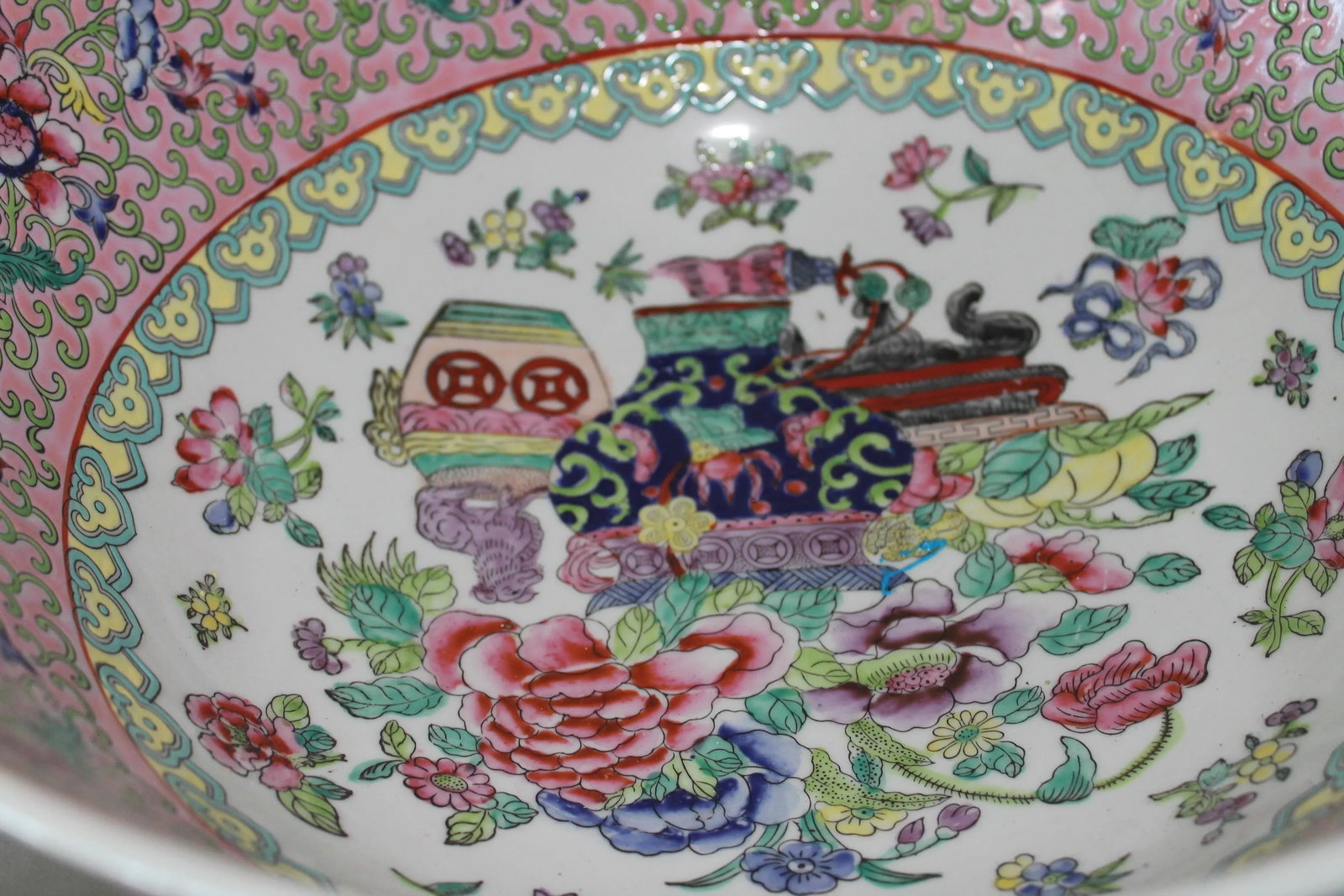 Vintage Chinese Famille Rose Porcelain Bowl, White & Pink Base With Floral Accents and Bottom Markin - 5