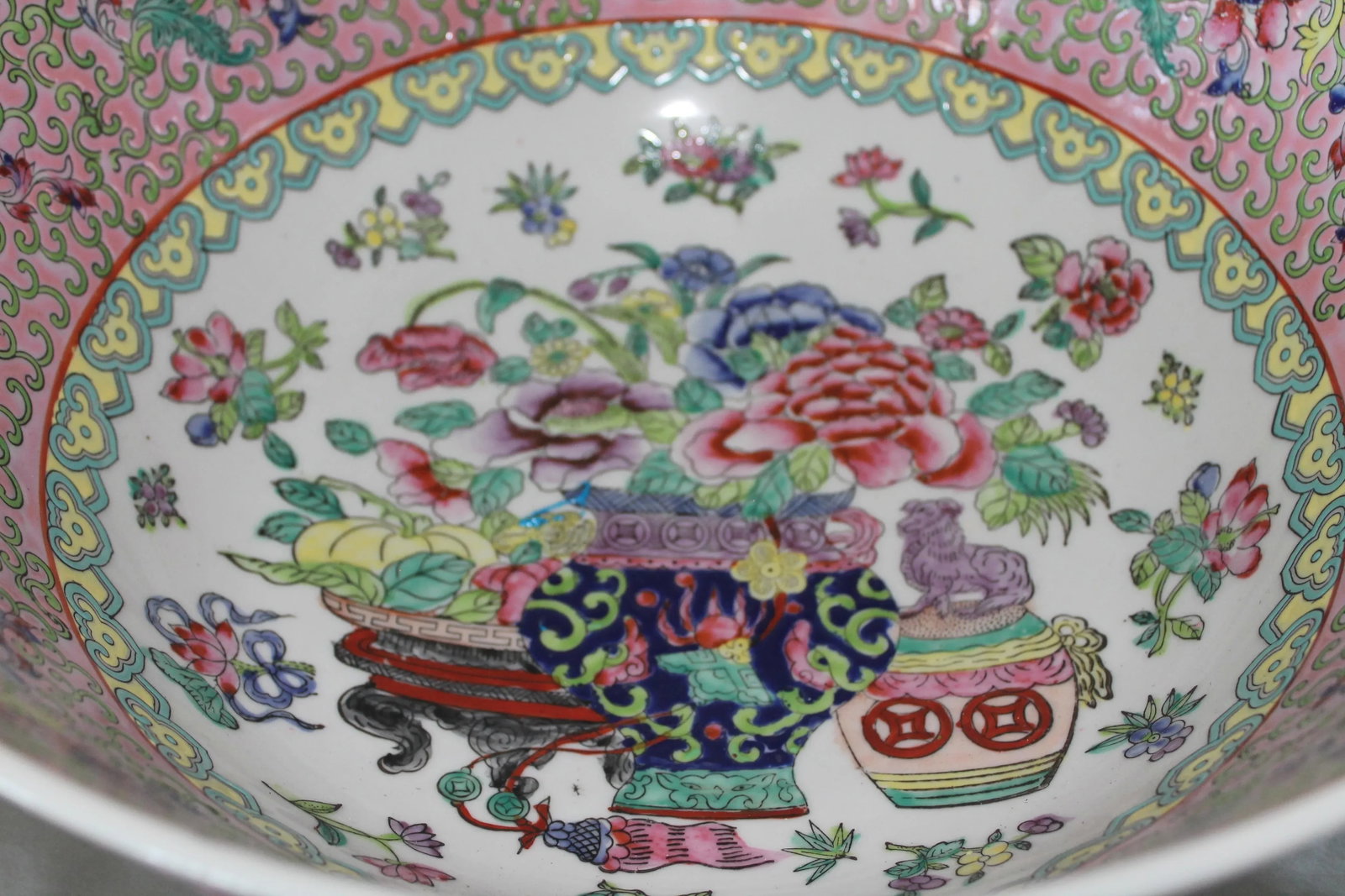 Vintage Chinese Famille Rose Porcelain Bowl, White & Pink Base With Floral Accents and Bottom Markin - 8