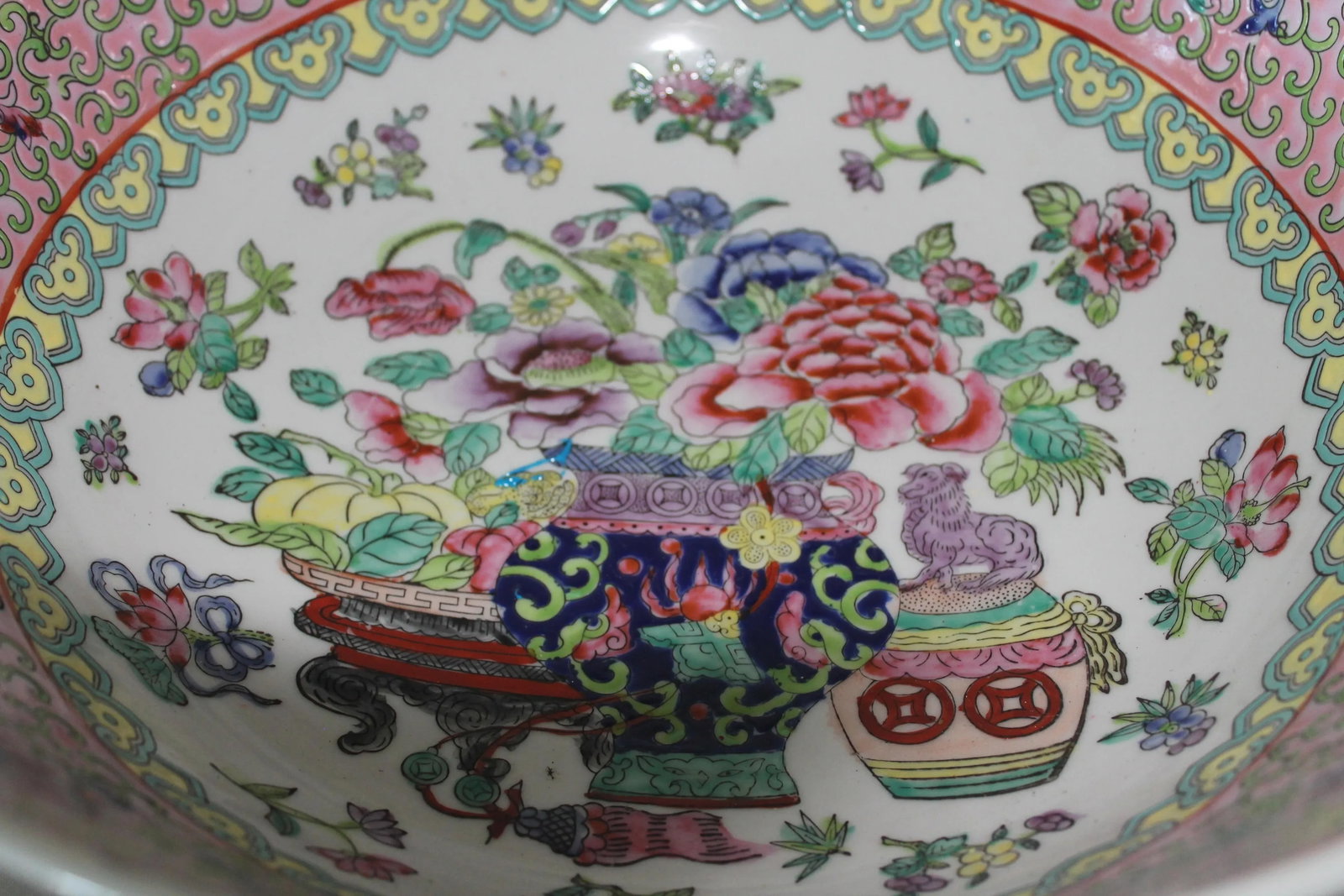 Vintage Chinese Famille Rose Porcelain Bowl, White & Pink Base With Floral Accents and Bottom Markin - 9