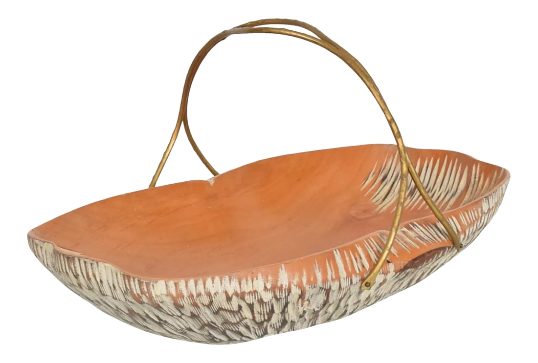 1960s Macabo Cusano Aldo Tura Carved Wood & Brass Serving Dish: AMBIANIC presents 1960s Macabo Cusano Aldo Tura Carved Wood Basket with Brass Carry Handle Milan Italy 12 L x 7.75 W x 6 Tall. Serving Bowl Basket. Stamped on underside. Original Preowned Unrestored