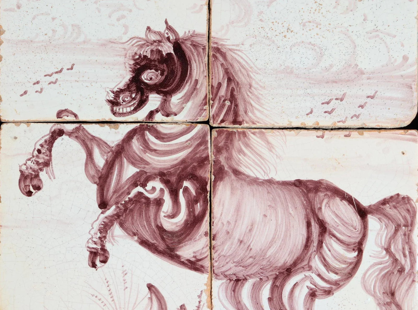 18th-Century Rotterdam Dutch Delft Tiles Framed Pictures of Rearing Horses - 10