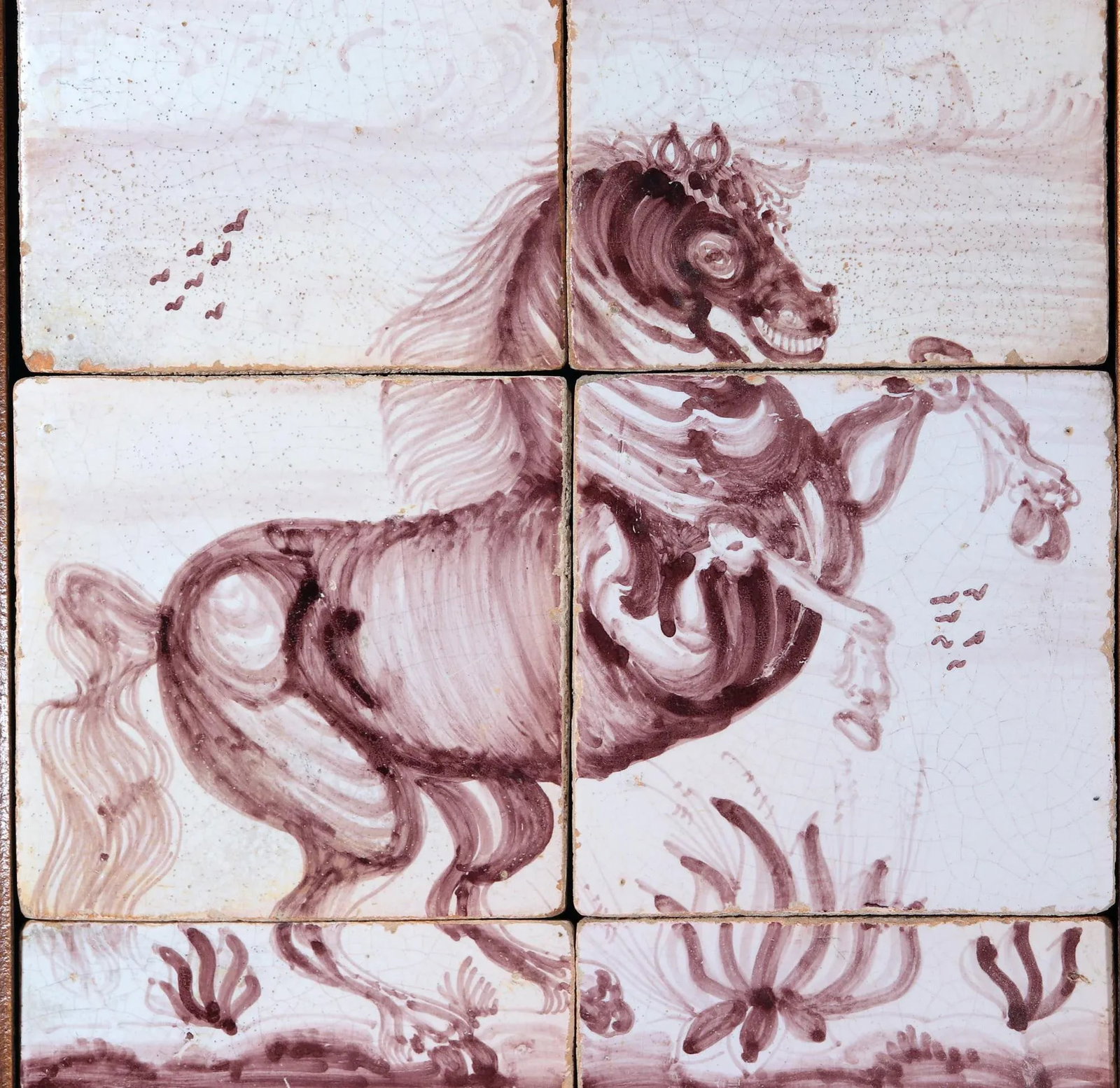 18th-Century Rotterdam Dutch Delft Tiles Framed Pictures of Rearing Horses - 11