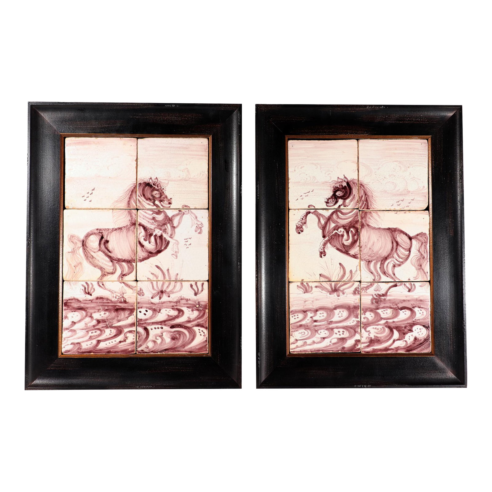 18th-Century Rotterdam Dutch Delft Tiles Framed Pictures of Rearing Horses (1 of 11)