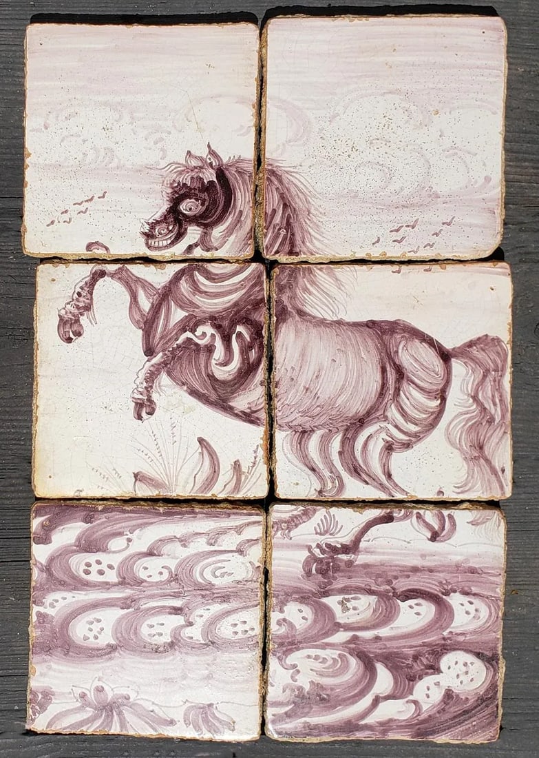 18th-Century Rotterdam Dutch Delft Tiles Framed Pictures of Rearing Horses - 2