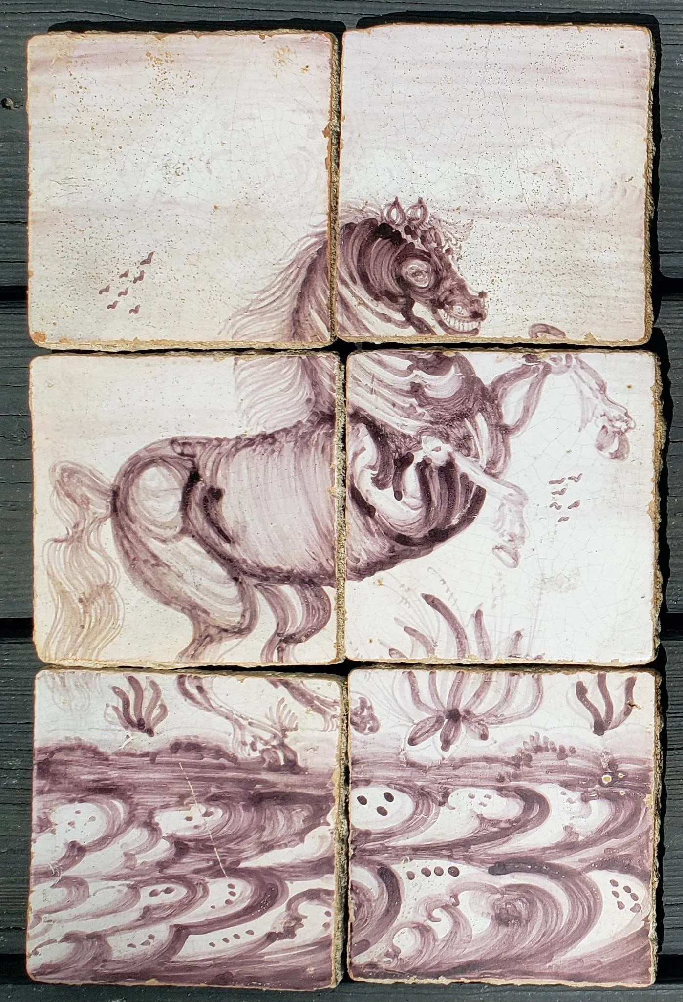18th-Century Rotterdam Dutch Delft Tiles Framed Pictures of Rearing Horses - 4