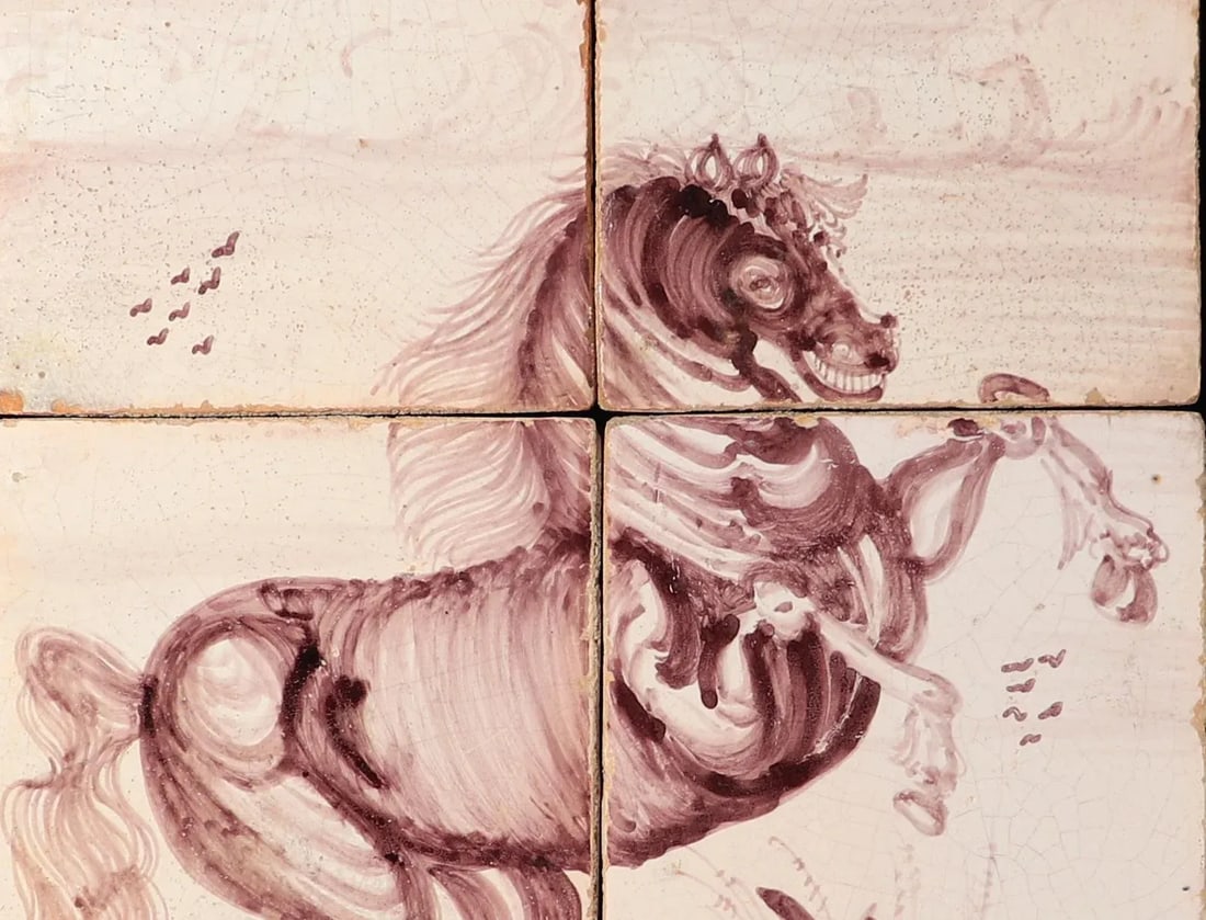18th-Century Rotterdam Dutch Delft Tiles Framed Pictures of Rearing Horses - 8