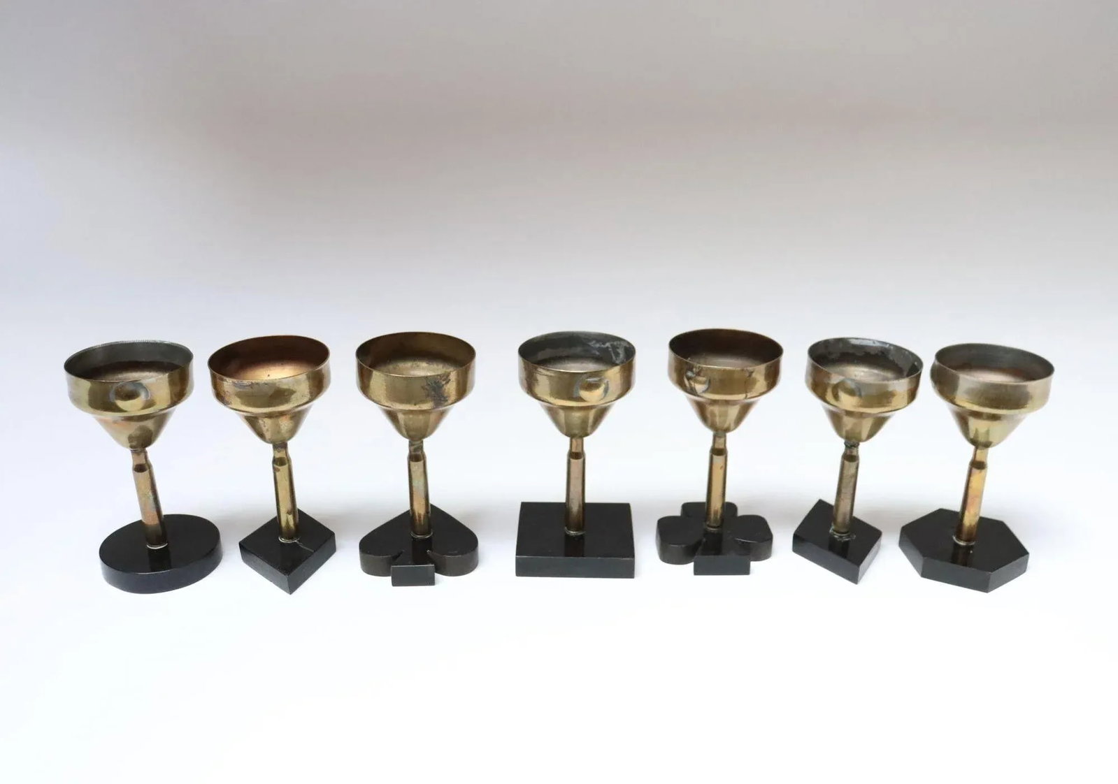 Set of Seven Vintage Trench Art Brass Goblets With Bakelite Card Suit Bases - 2