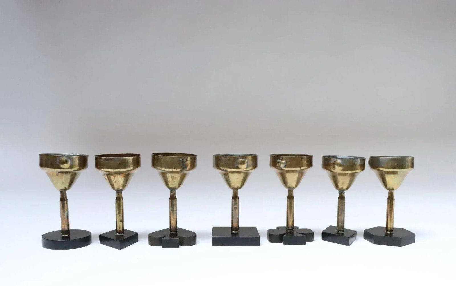 Set of Seven Vintage Trench Art Brass Goblets With Bakelite Card Suit Bases - 3