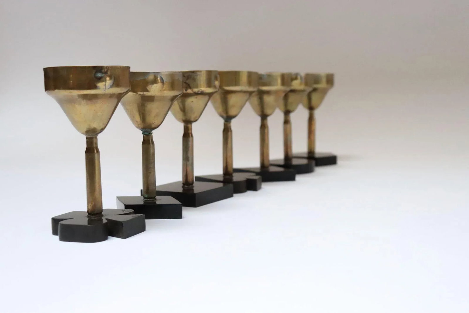 Set of Seven Vintage Trench Art Brass Goblets With Bakelite Card Suit Bases - 4