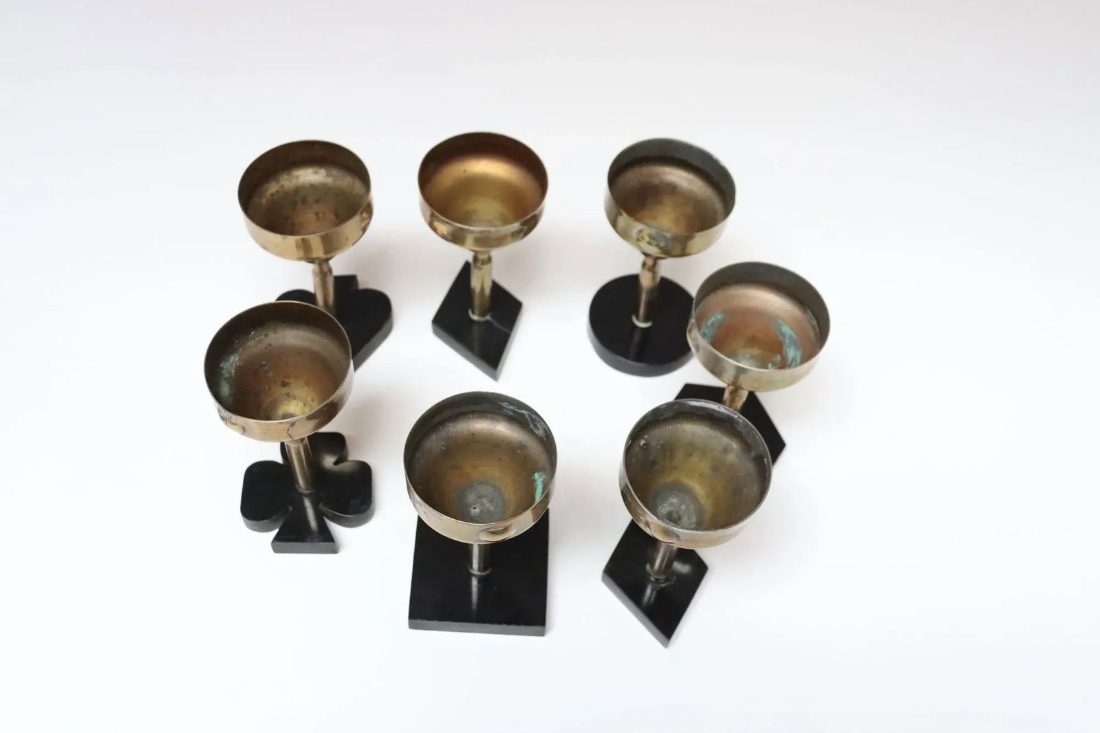 Set of Seven Vintage Trench Art Brass Goblets With Bakelite Card Suit Bases - 5