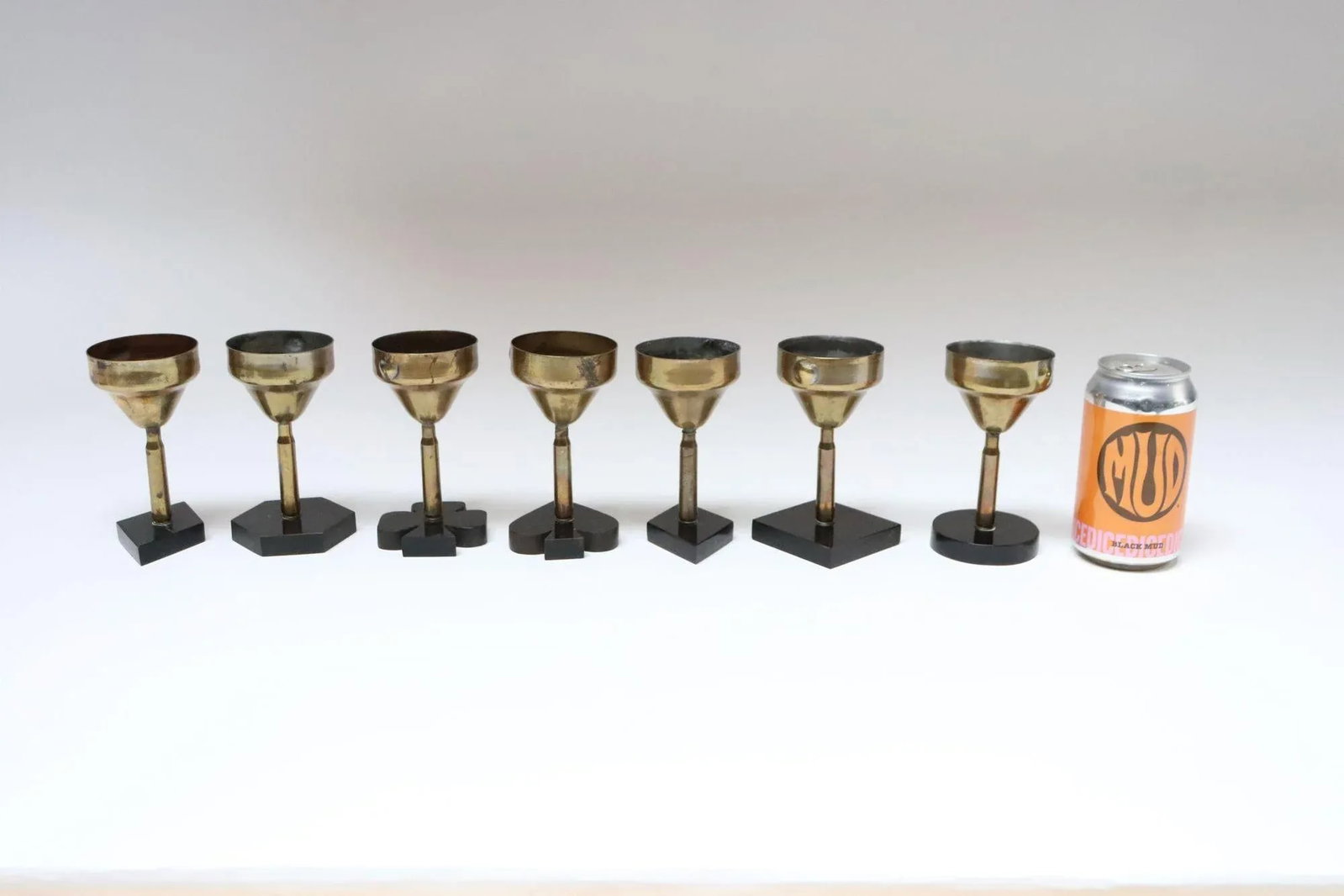 Set of Seven Vintage Trench Art Brass Goblets With Bakelite Card Suit Bases - 6