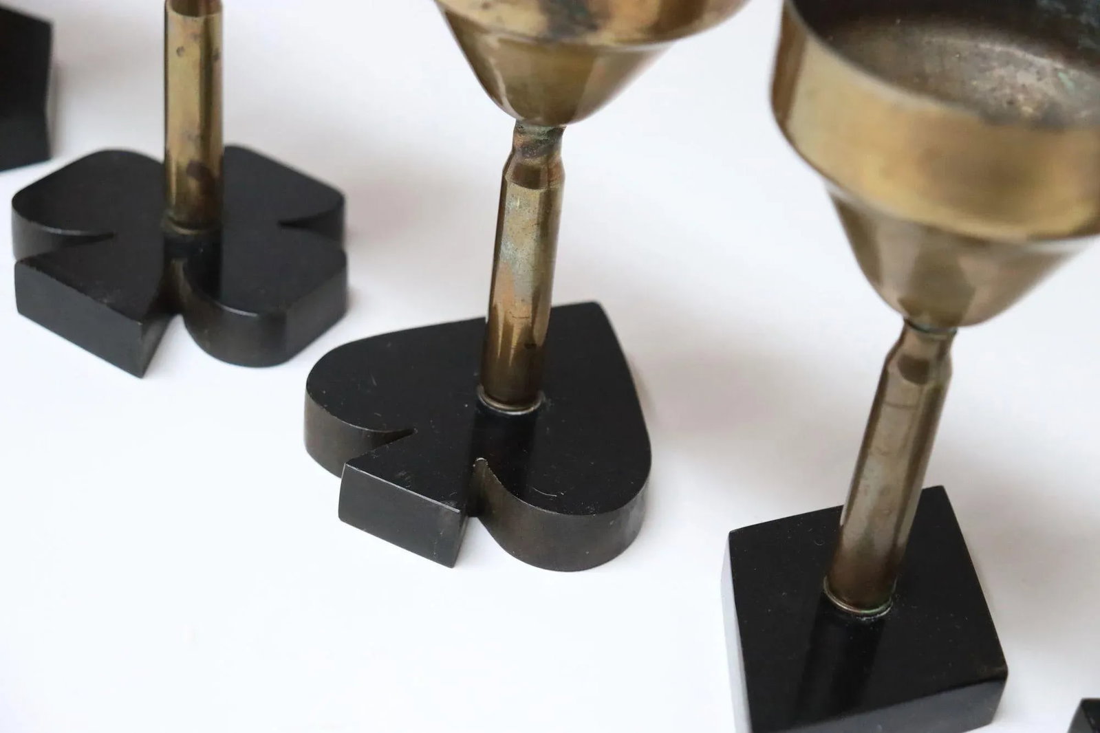 Set of Seven Vintage Trench Art Brass Goblets With Bakelite Card Suit Bases - 7