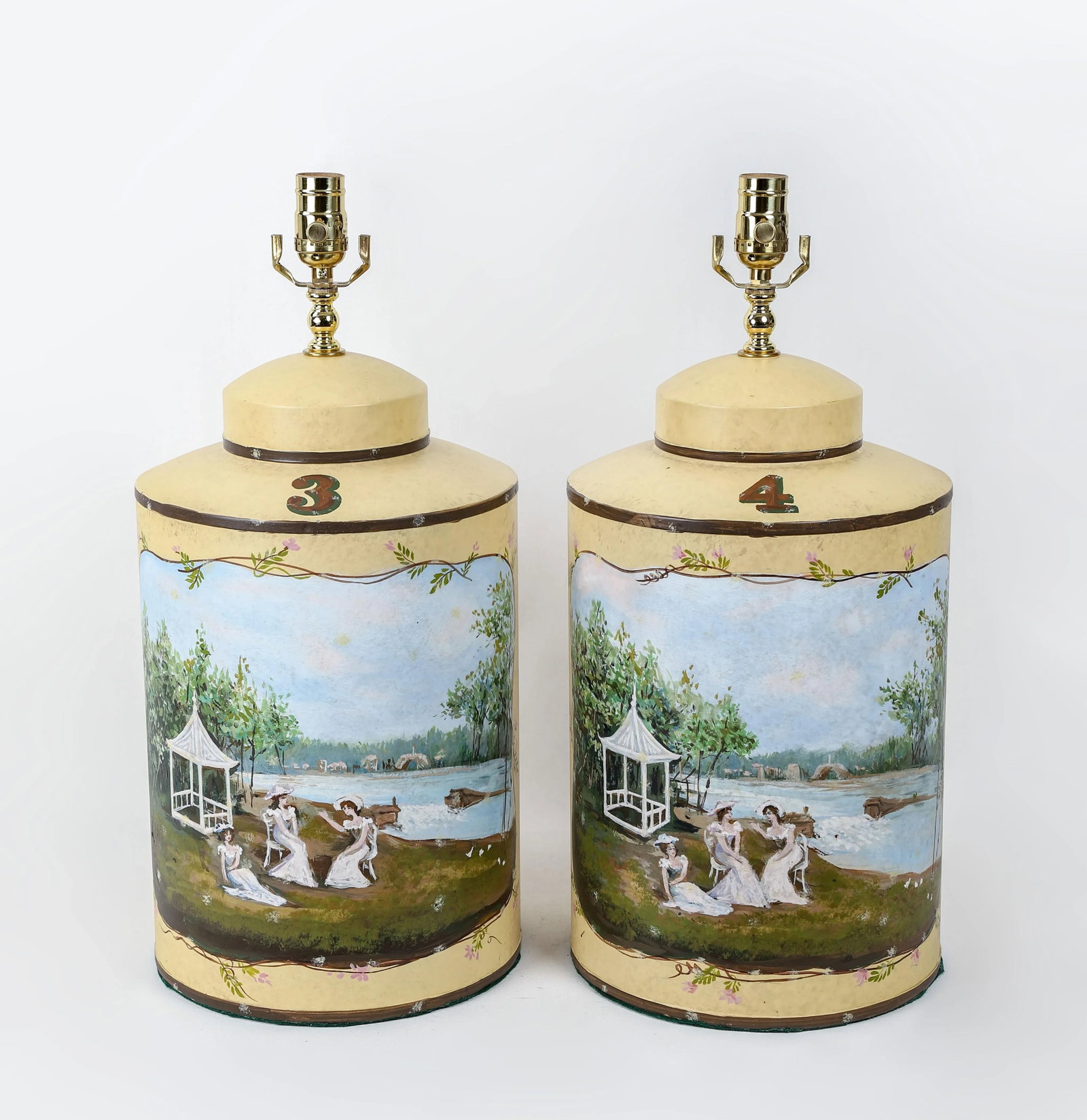 Vintage English Hand-Painted Landscape Tole Tea Caddy Table Lamp With Pavilion - 10