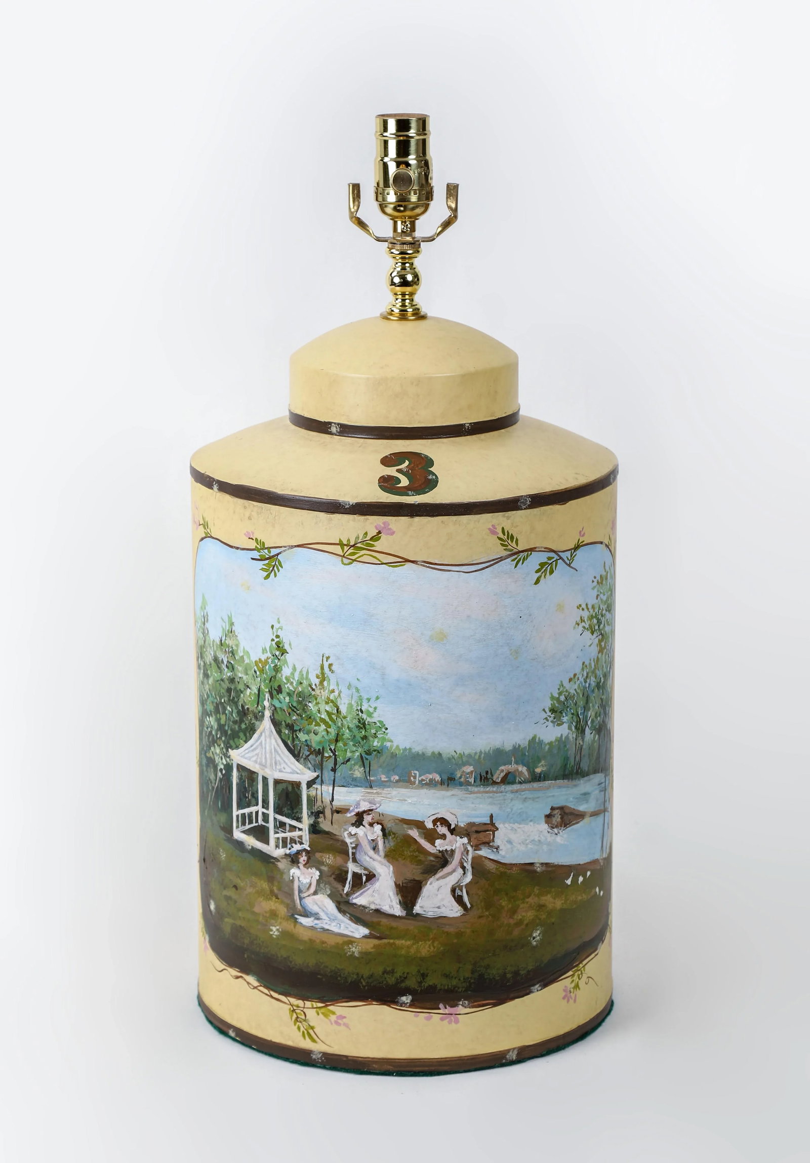 Vintage English Hand-Painted Landscape Tole Tea Caddy Table Lamp With Pavilion - 11
