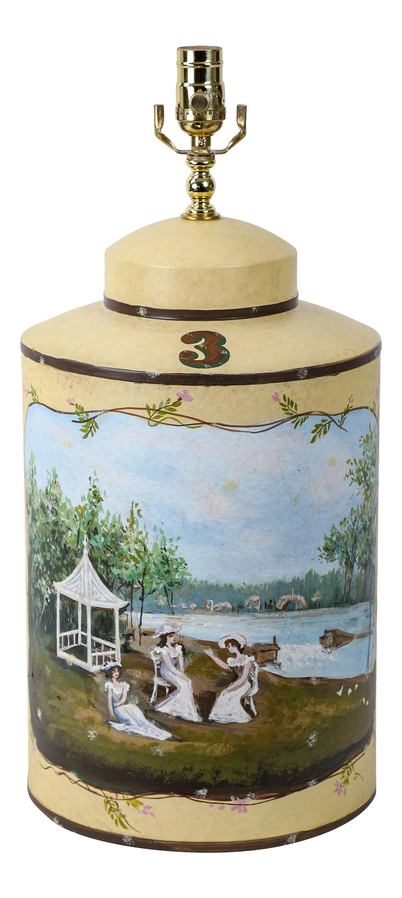 Vintage English Hand-Painted Landscape Tole Tea Caddy Table Lamp With Pavilion: . Beautiful landscape in the water front with Pavilion and three ladies chatting. #3 represent the type of tea inside the tea canister. You can find #4 for similar matching pair. Condition: