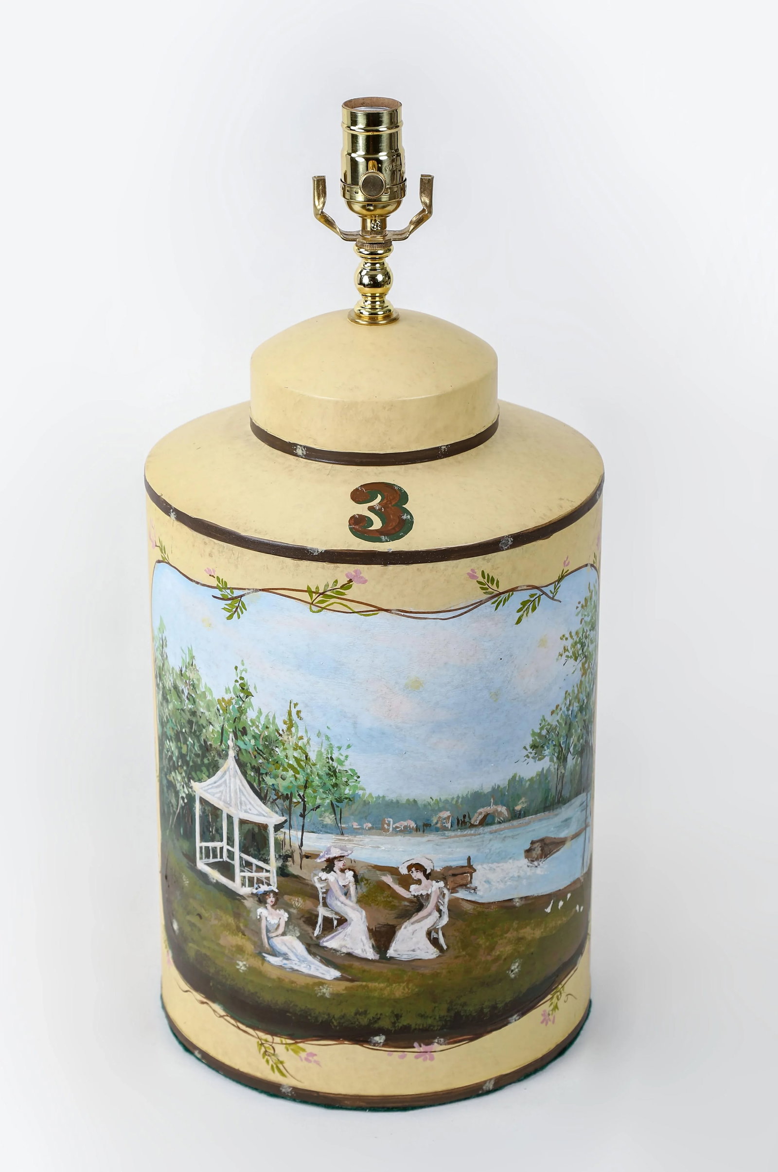 Vintage English Hand-Painted Landscape Tole Tea Caddy Table Lamp With Pavilion - 2