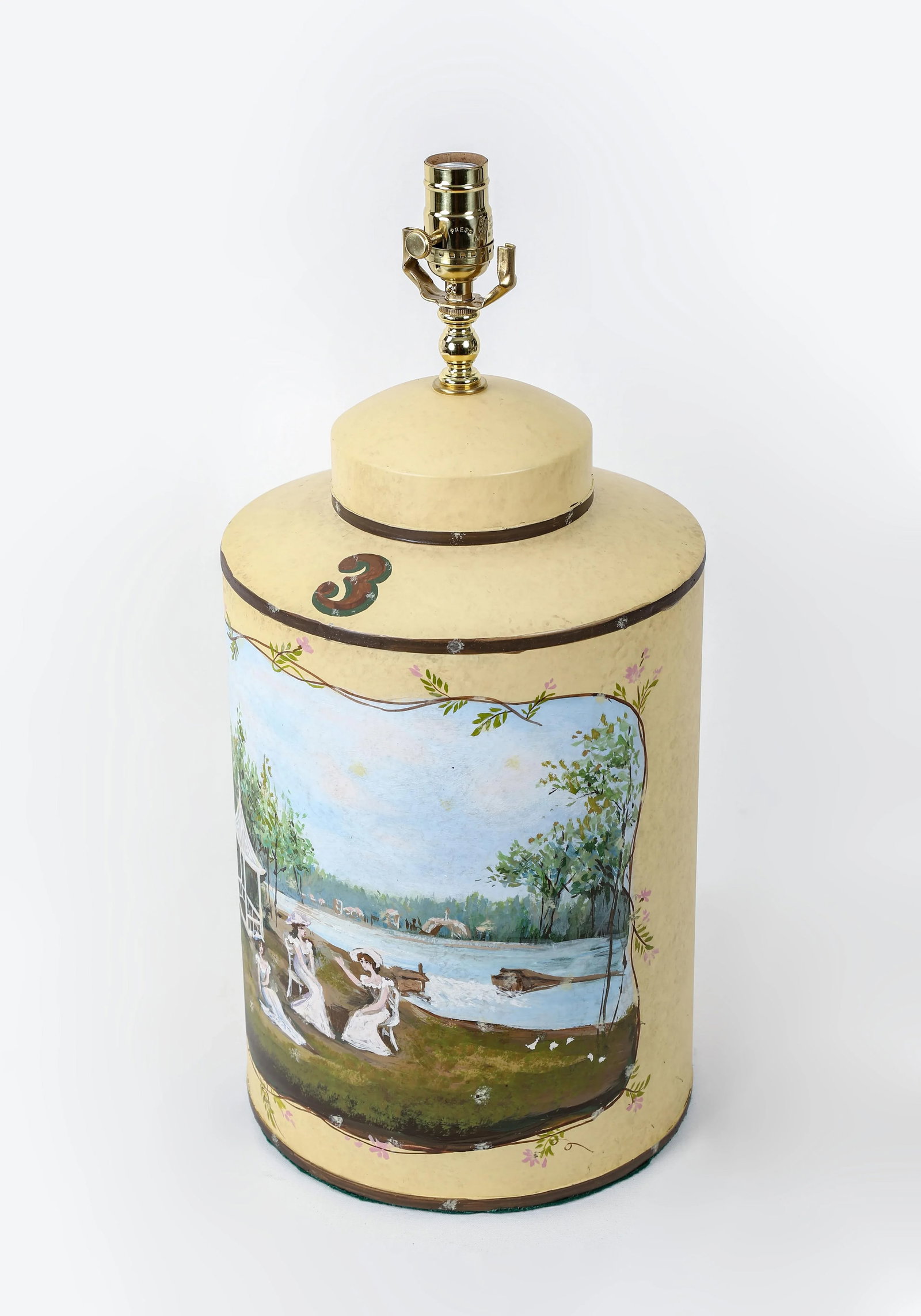 Vintage English Hand-Painted Landscape Tole Tea Caddy Table Lamp With Pavilion - 3
