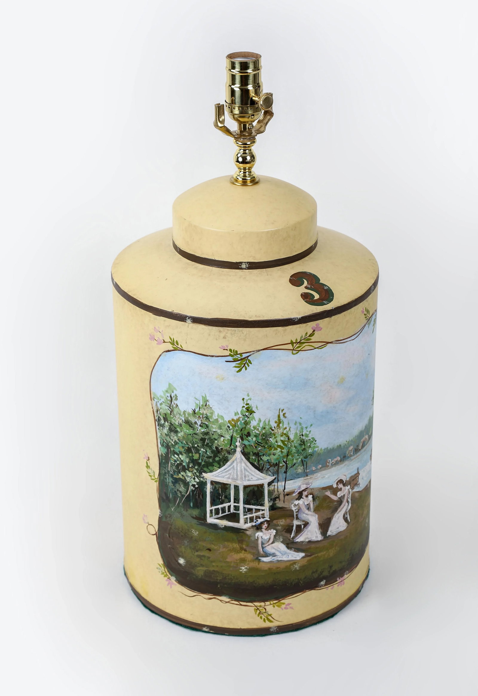 Vintage English Hand-Painted Landscape Tole Tea Caddy Table Lamp With Pavilion - 4