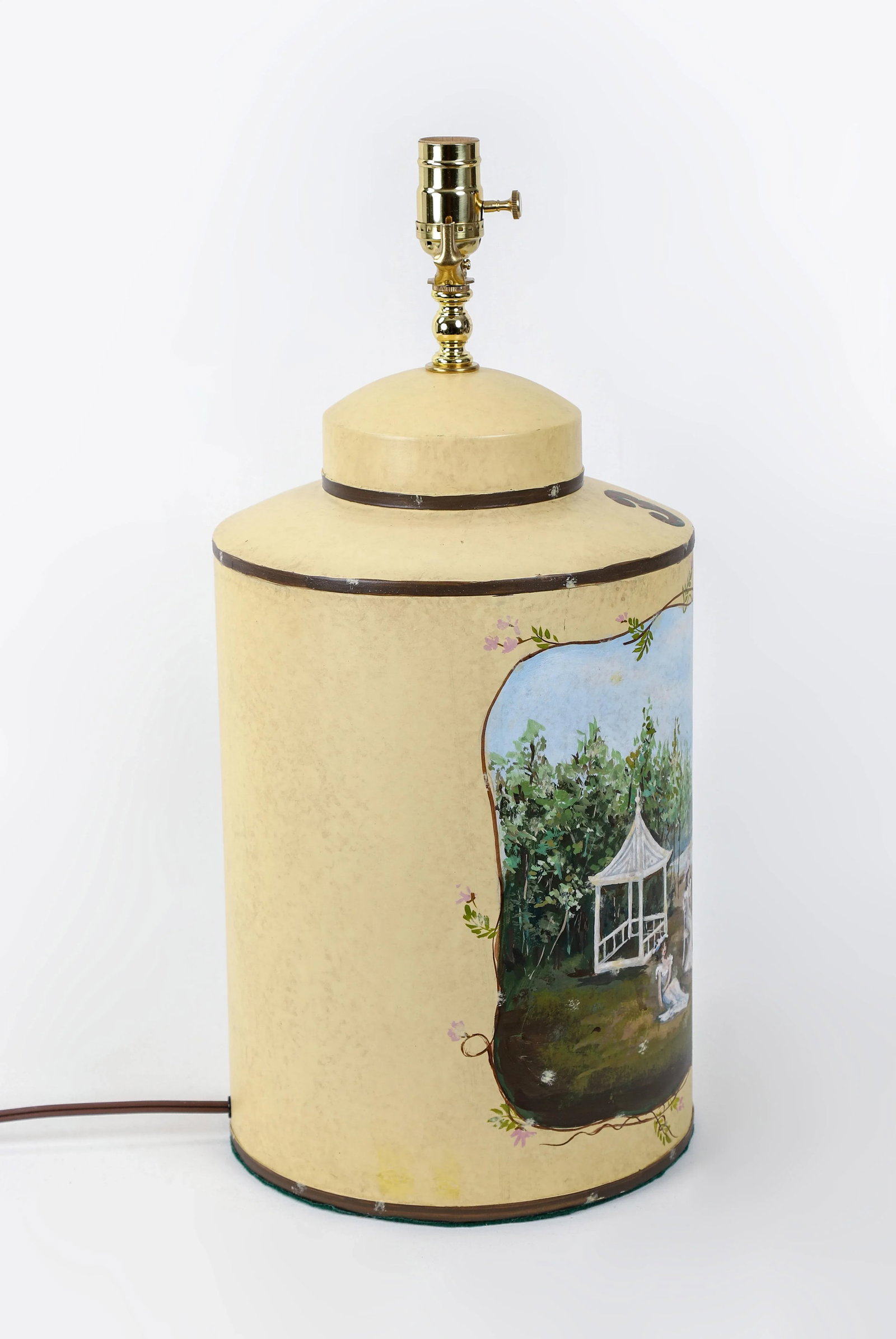 Vintage English Hand-Painted Landscape Tole Tea Caddy Table Lamp With Pavilion - 5