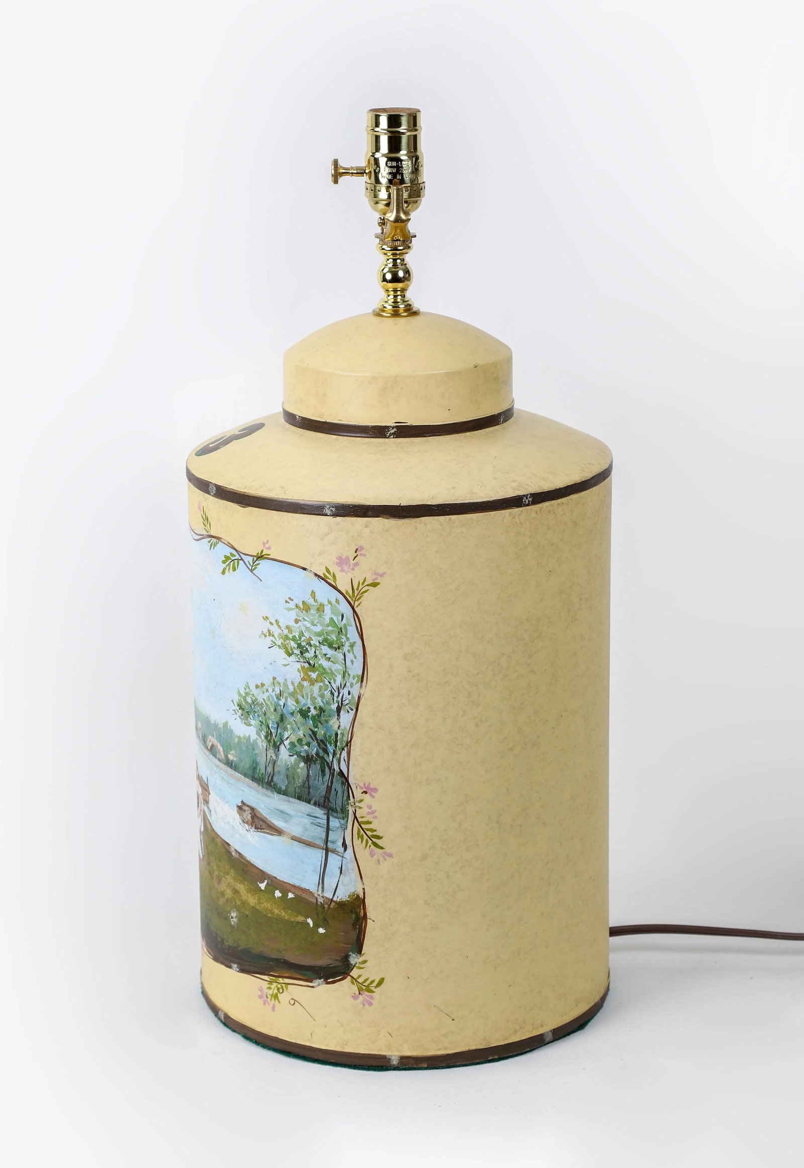 Vintage English Hand-Painted Landscape Tole Tea Caddy Table Lamp With Pavilion - 6