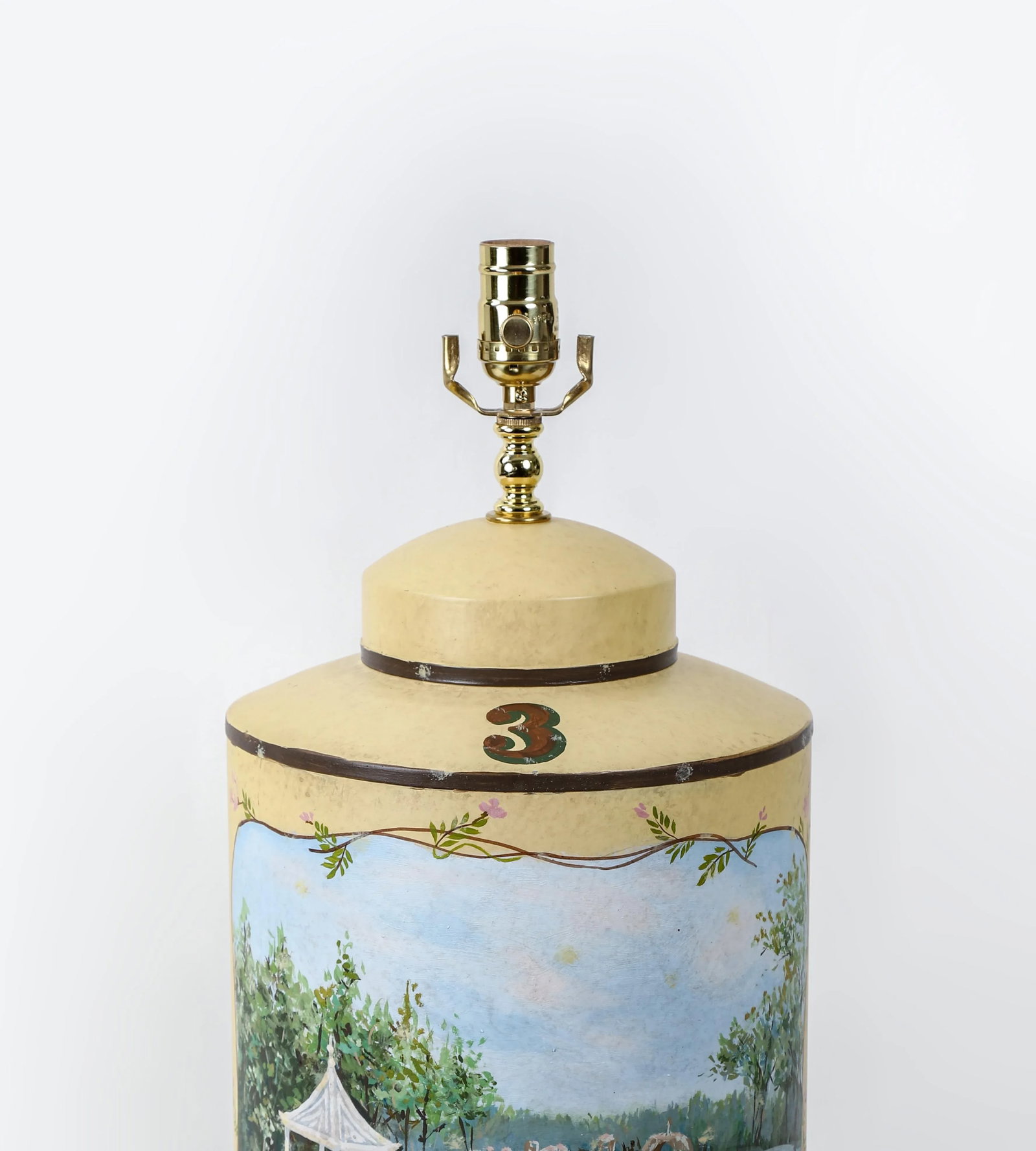 Vintage English Hand-Painted Landscape Tole Tea Caddy Table Lamp With Pavilion - 8