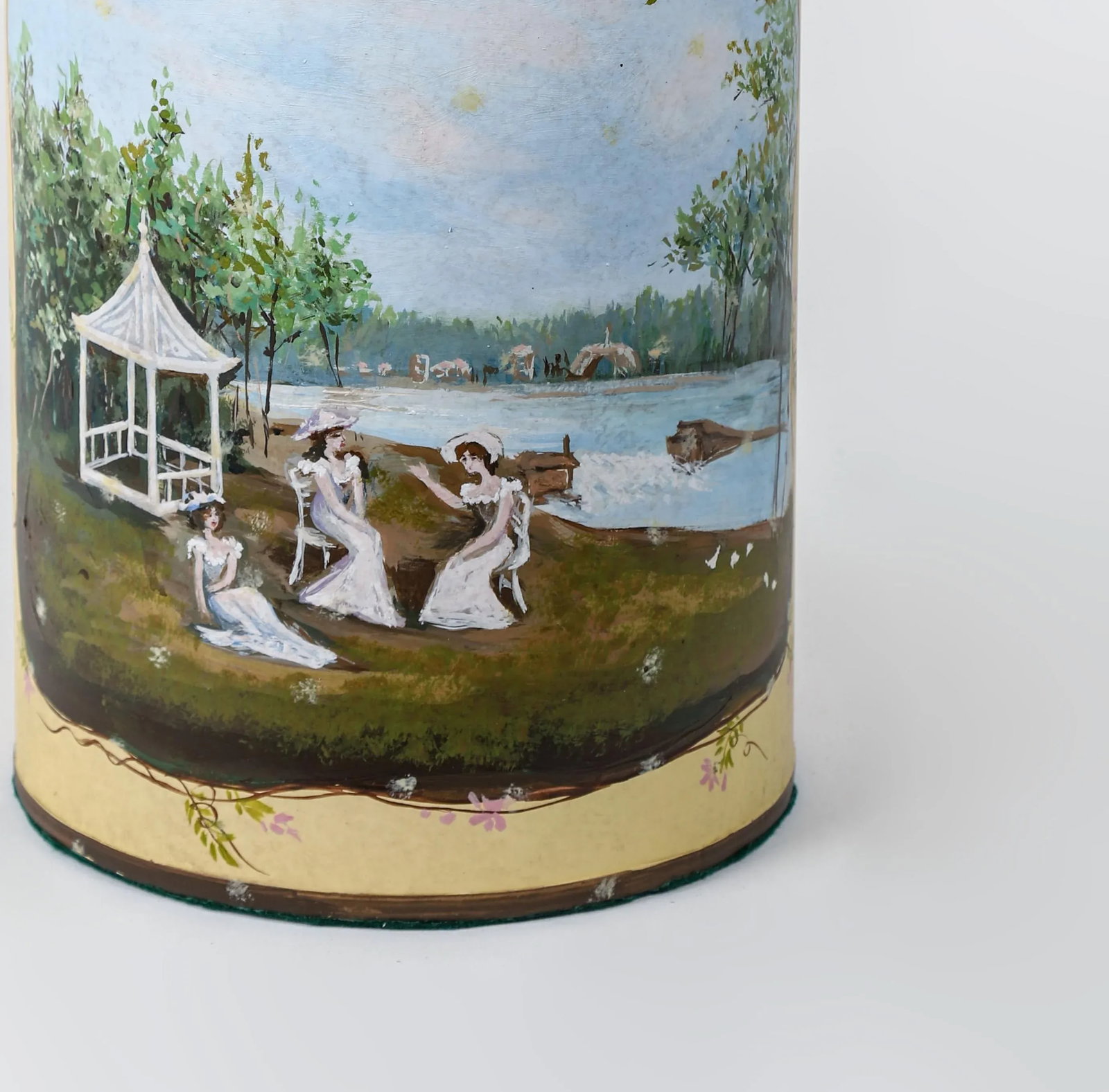 Vintage English Hand-Painted Landscape Tole Tea Caddy Table Lamp With Pavilion - 9