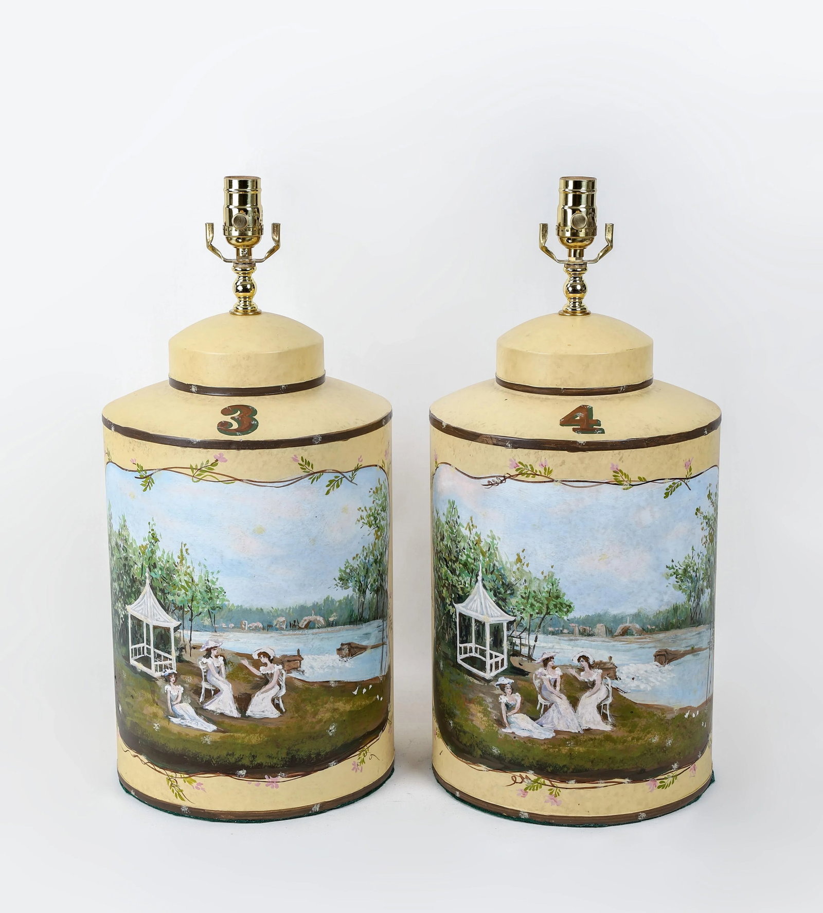 Vintage English Hand-Painted Rural Landscape Tole Tea Caddy Table Lamp With Pavilion - 10