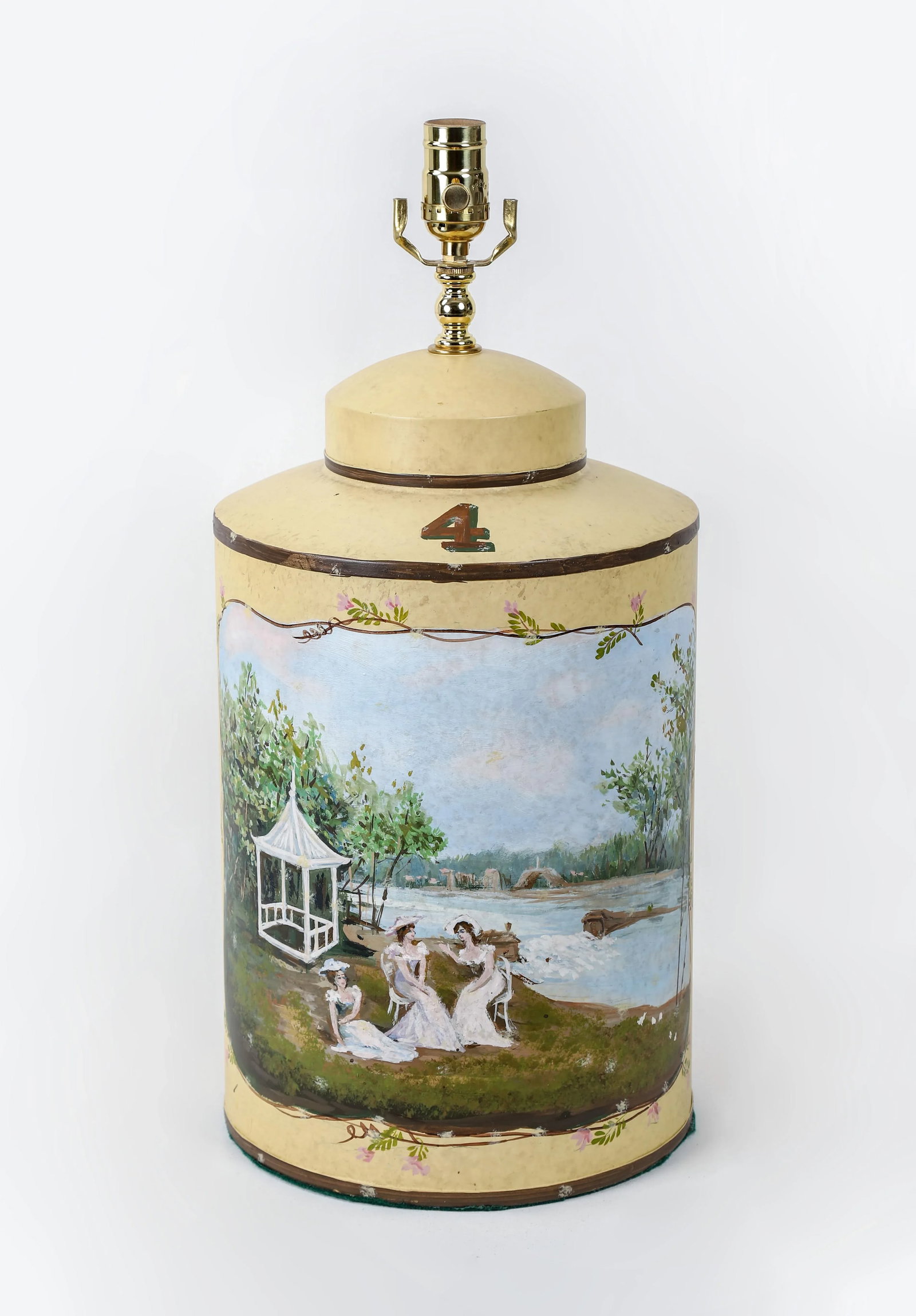 Vintage English Hand-Painted Rural Landscape Tole Tea Caddy Table Lamp With Pavilion - 11