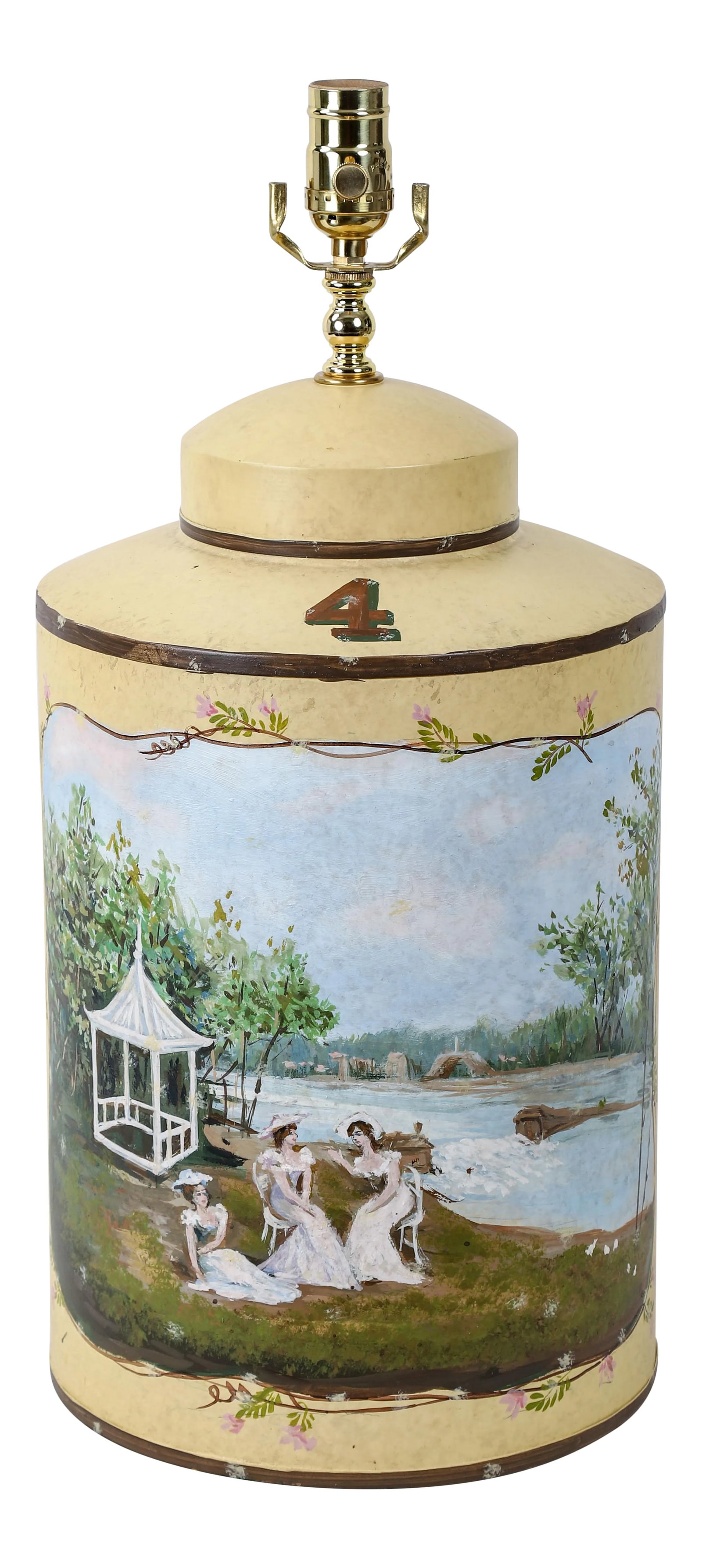 Vintage English Hand-Painted Rural Landscape Tole Tea Caddy Table Lamp With Pavilion: Beautiful landscape in the water front with Pavilion and three ladies chatting. #4 represent the type of tea inside the tea canister. You can find #3 for similar matching pair. Condition: