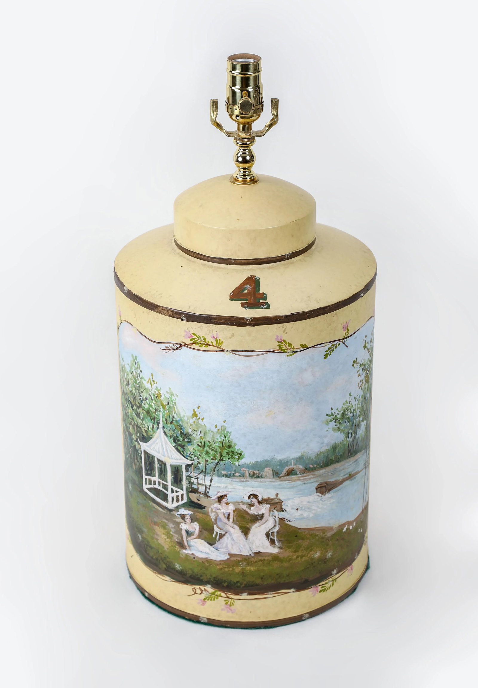 Vintage English Hand-Painted Rural Landscape Tole Tea Caddy Table Lamp With Pavilion - 2