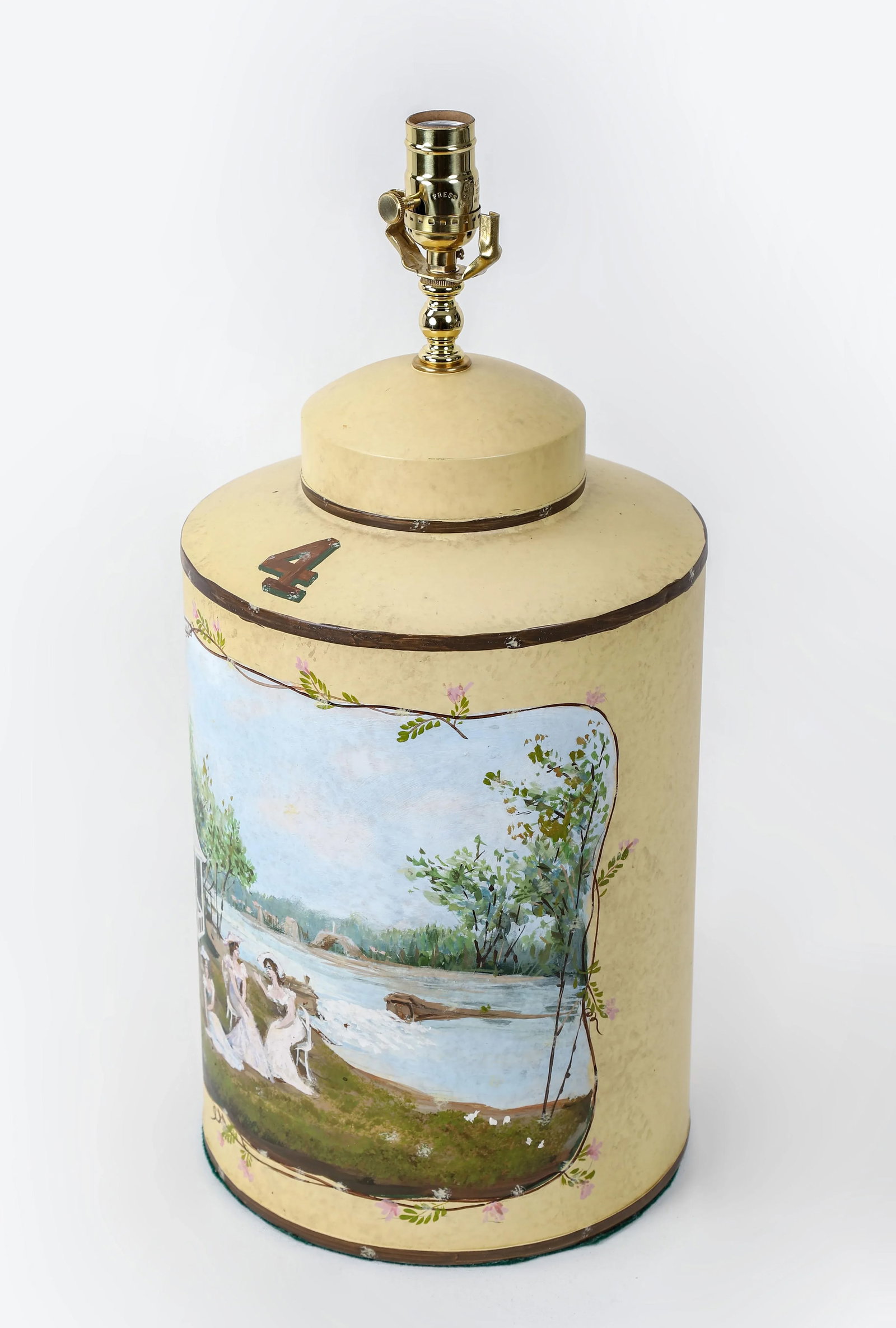Vintage English Hand-Painted Rural Landscape Tole Tea Caddy Table Lamp With Pavilion - 3