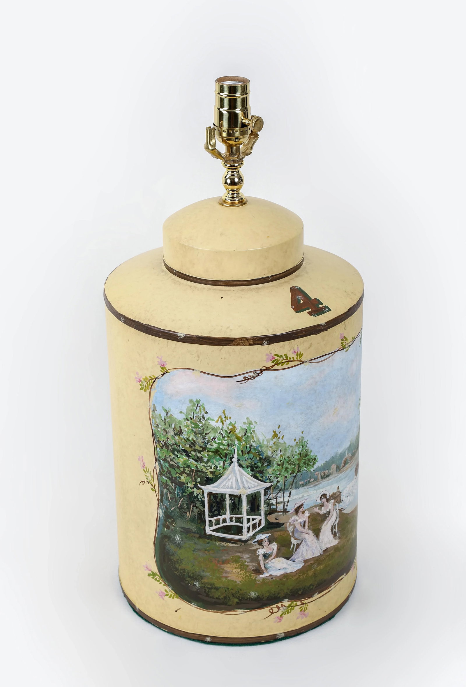 Vintage English Hand-Painted Rural Landscape Tole Tea Caddy Table Lamp With Pavilion - 4