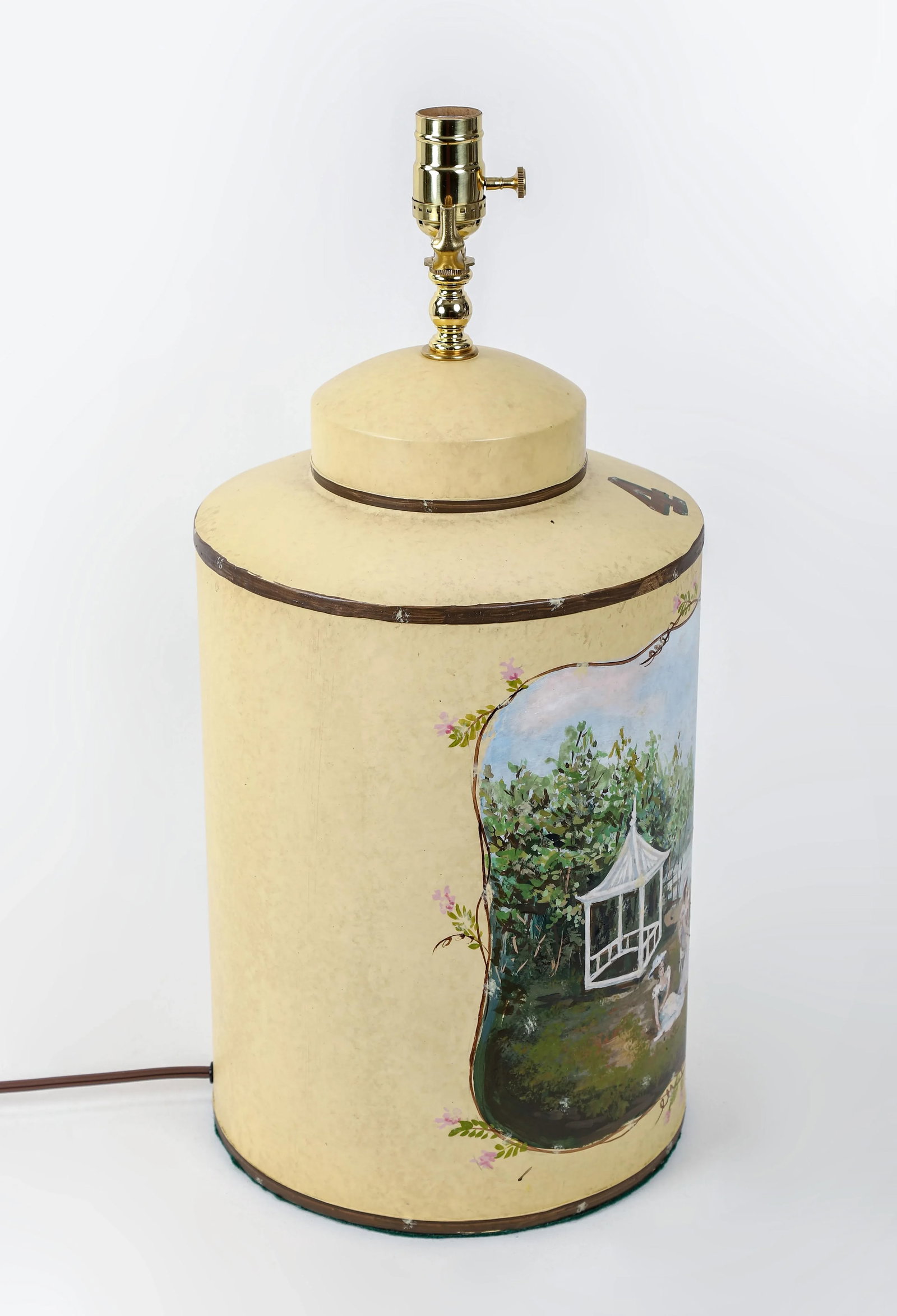 Vintage English Hand-Painted Rural Landscape Tole Tea Caddy Table Lamp With Pavilion - 5