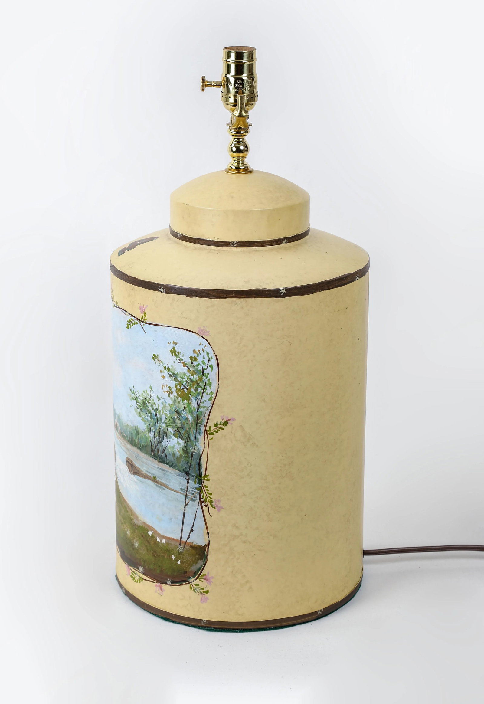 Vintage English Hand-Painted Rural Landscape Tole Tea Caddy Table Lamp With Pavilion - 6