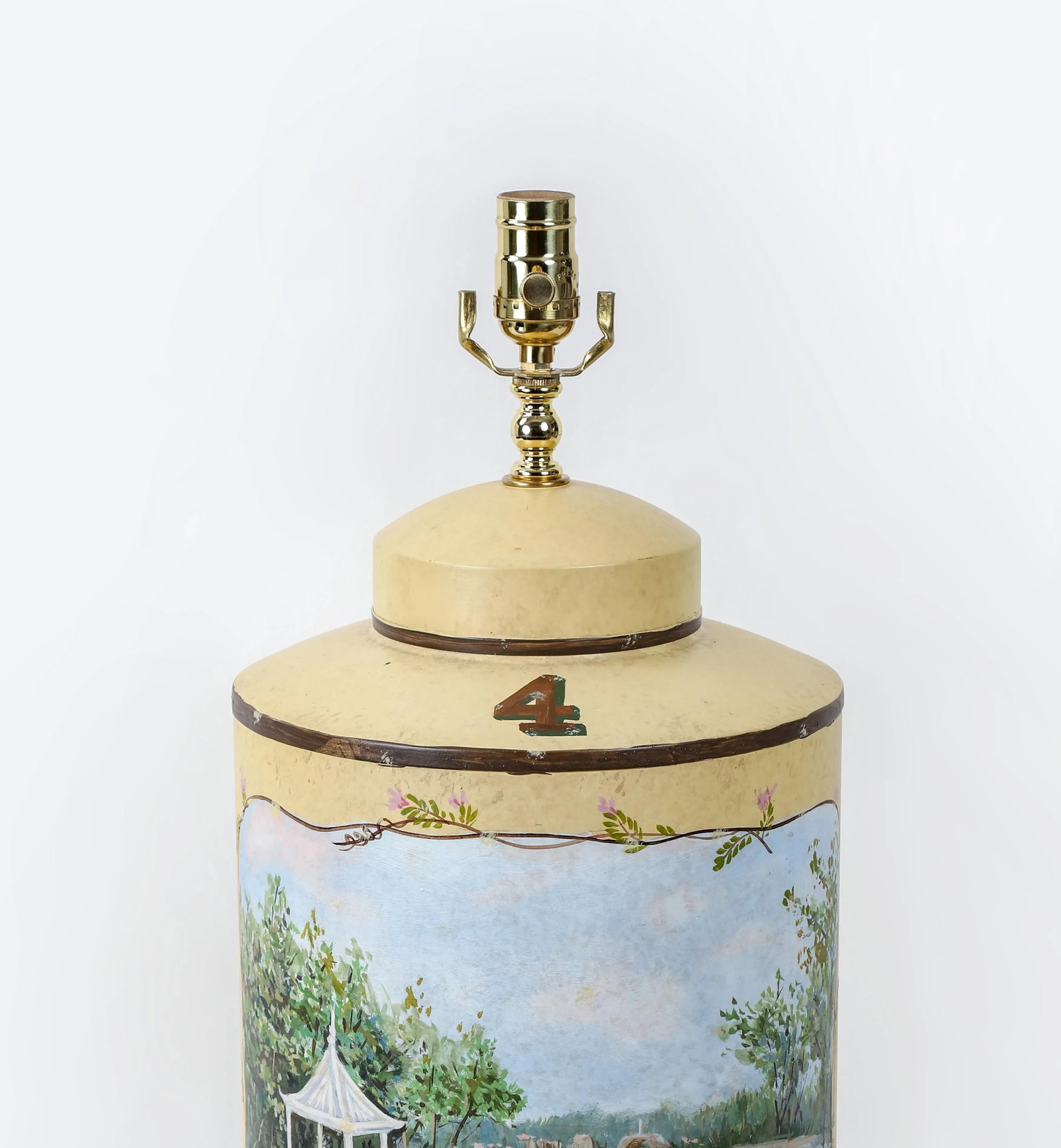 Vintage English Hand-Painted Rural Landscape Tole Tea Caddy Table Lamp With Pavilion - 8