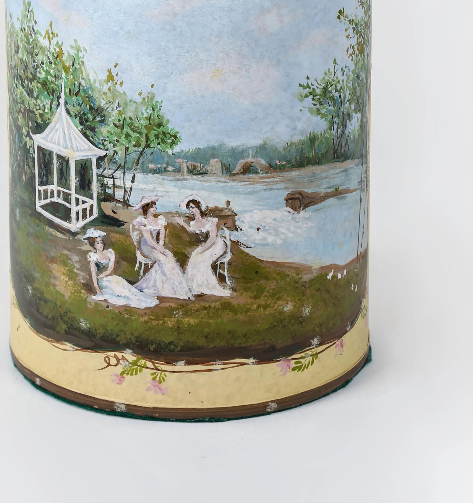 Vintage English Hand-Painted Rural Landscape Tole Tea Caddy Table Lamp With Pavilion - 9