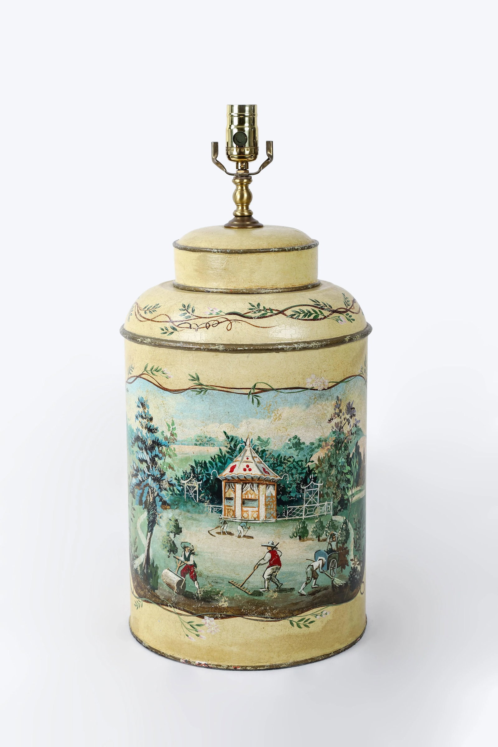 Vintage English Hand-Painted Rural Garden Landscape With Pagoda Table Lamp - 10