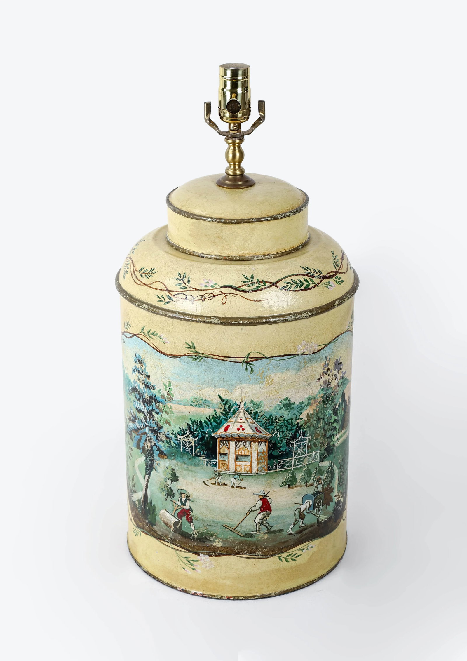 Vintage English Hand-Painted Rural Garden Landscape With Pagoda Table Lamp - 2