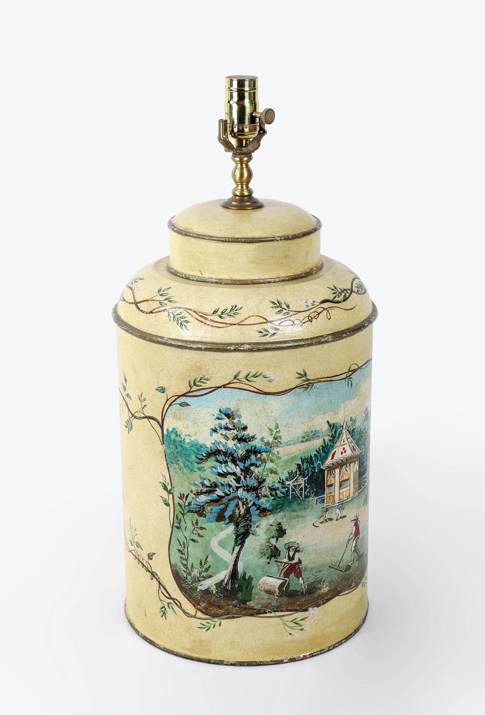 Vintage English Hand-Painted Rural Garden Landscape With Pagoda Table Lamp - 3
