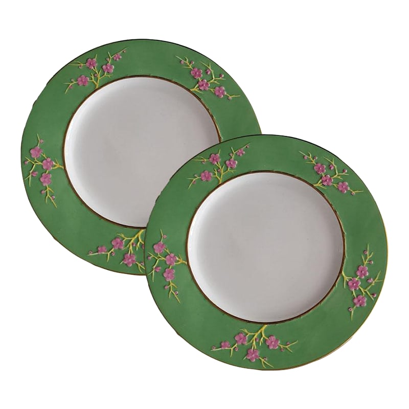Pair Copeland Blanc De Chine Spode Dinner Plates - Wide Green Rim Pink Flowers: Pair of Spode Copeland Blanc de Chine dinner plates with wide green rim, bright raised pink flowers, white center and gold trim. Made in England. I have 4 similar plates with a yellow band and 4 simil